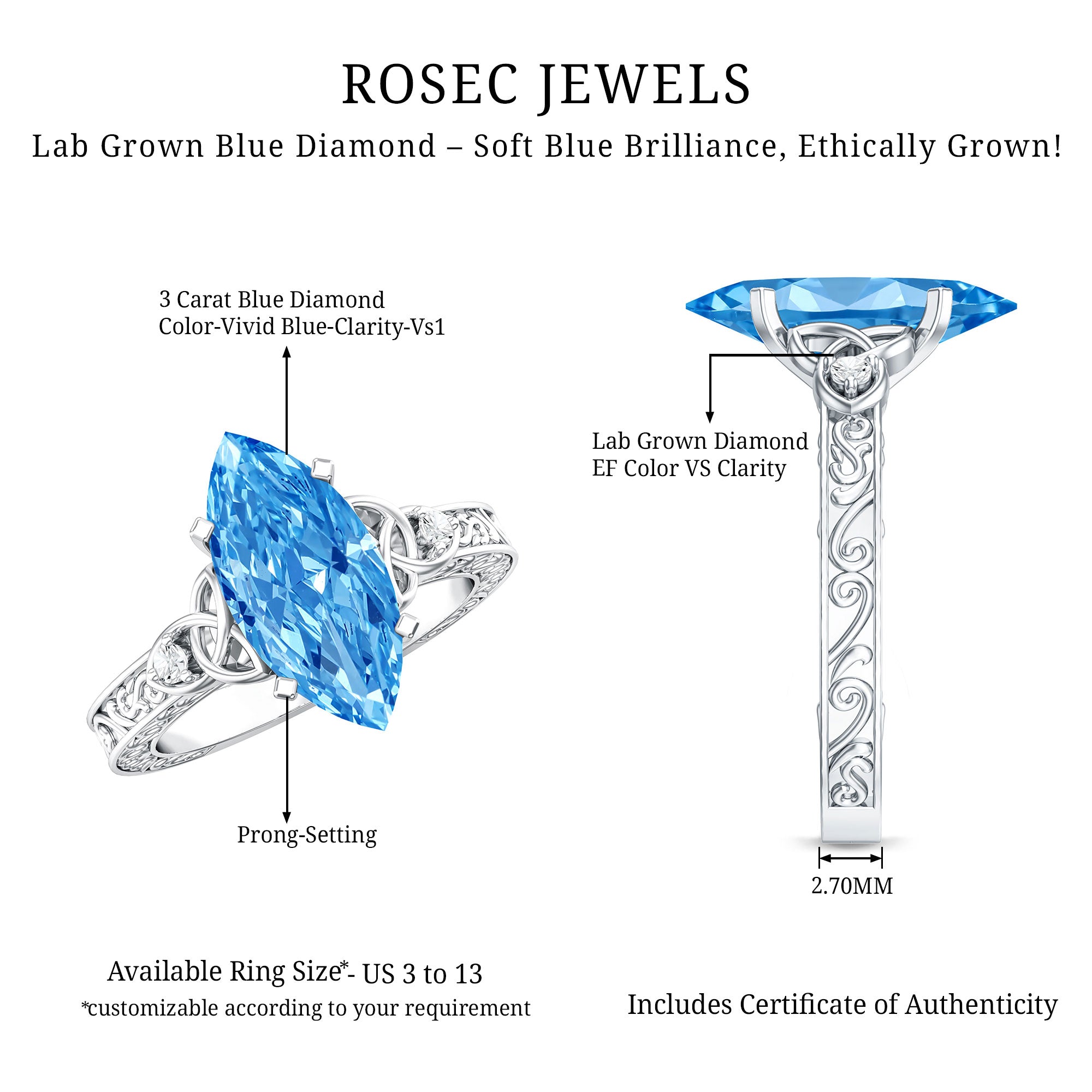 Rosec Jewels-IGI Certified Vintage Celtic Engagement Ring with 3 Carat Marquise Lab Grown Blue Diamond