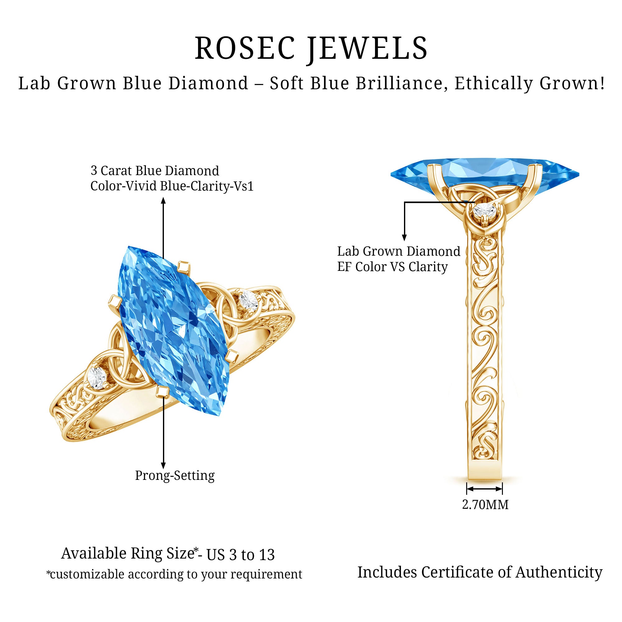 Rosec Jewels-IGI Certified Vintage Celtic Engagement Ring with 3 Carat Marquise Lab Grown Blue Diamond