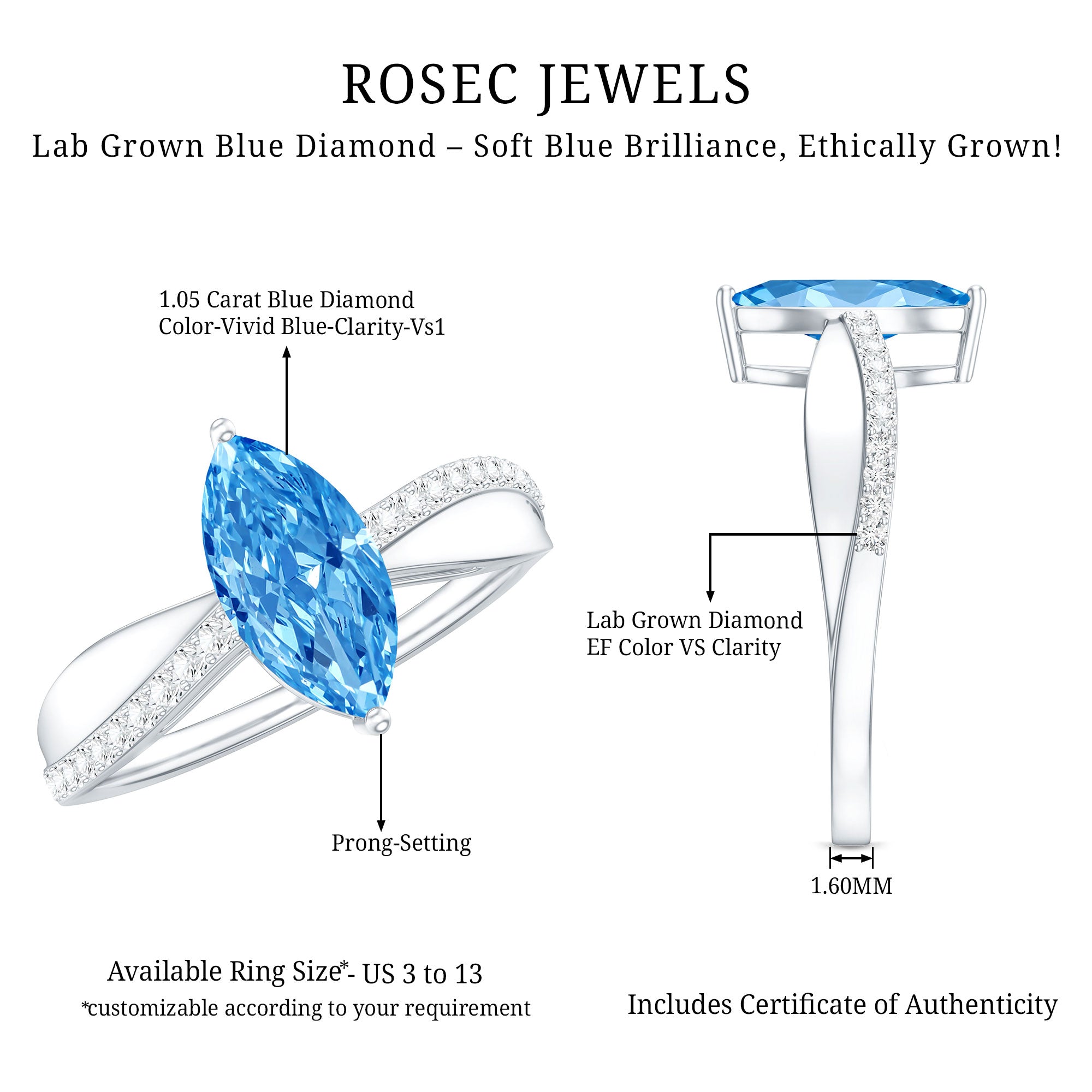 Rosec Jewels-IGI Certified 1 Carat Lab Grown Blue Diamond Marquise Engagement Ring for Women