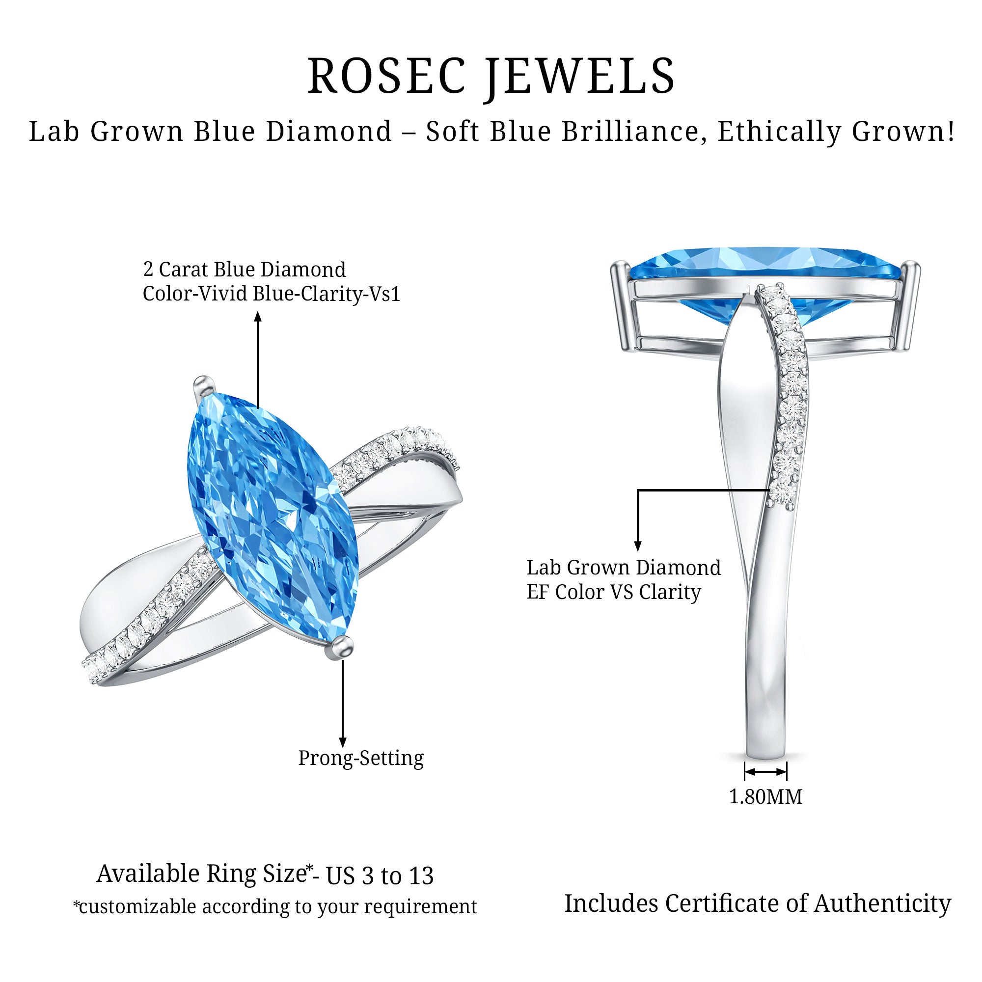 Rosec Jewels-2 Carat Lab Grown Blue Diamond Marquise Cut Engagement Ring with IGI Certificate