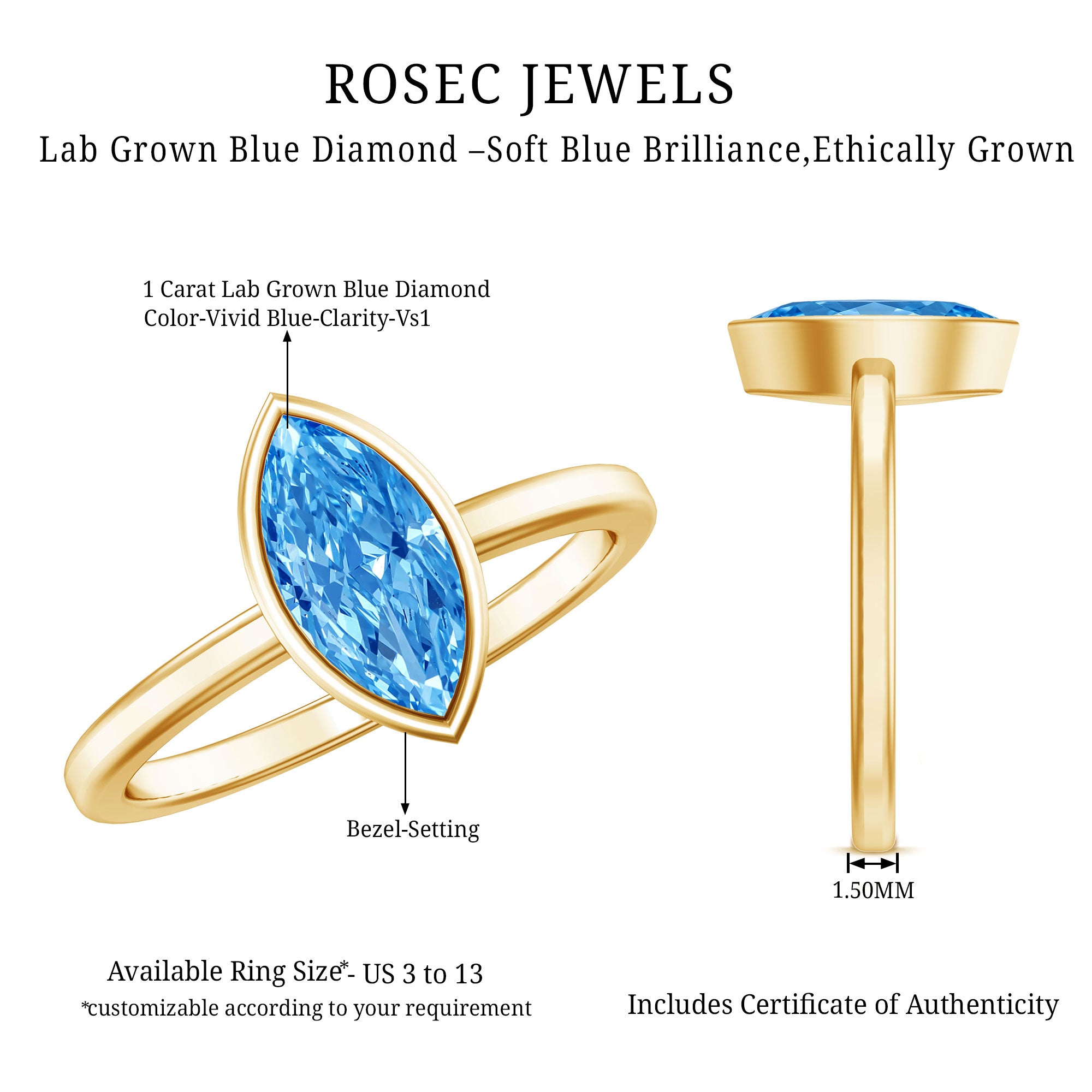 Rosec Jewels-IGI Certified Marquise Cut Lab Grown Blue Diamond 1 Carat Engagement Ring in Bezel Setting
