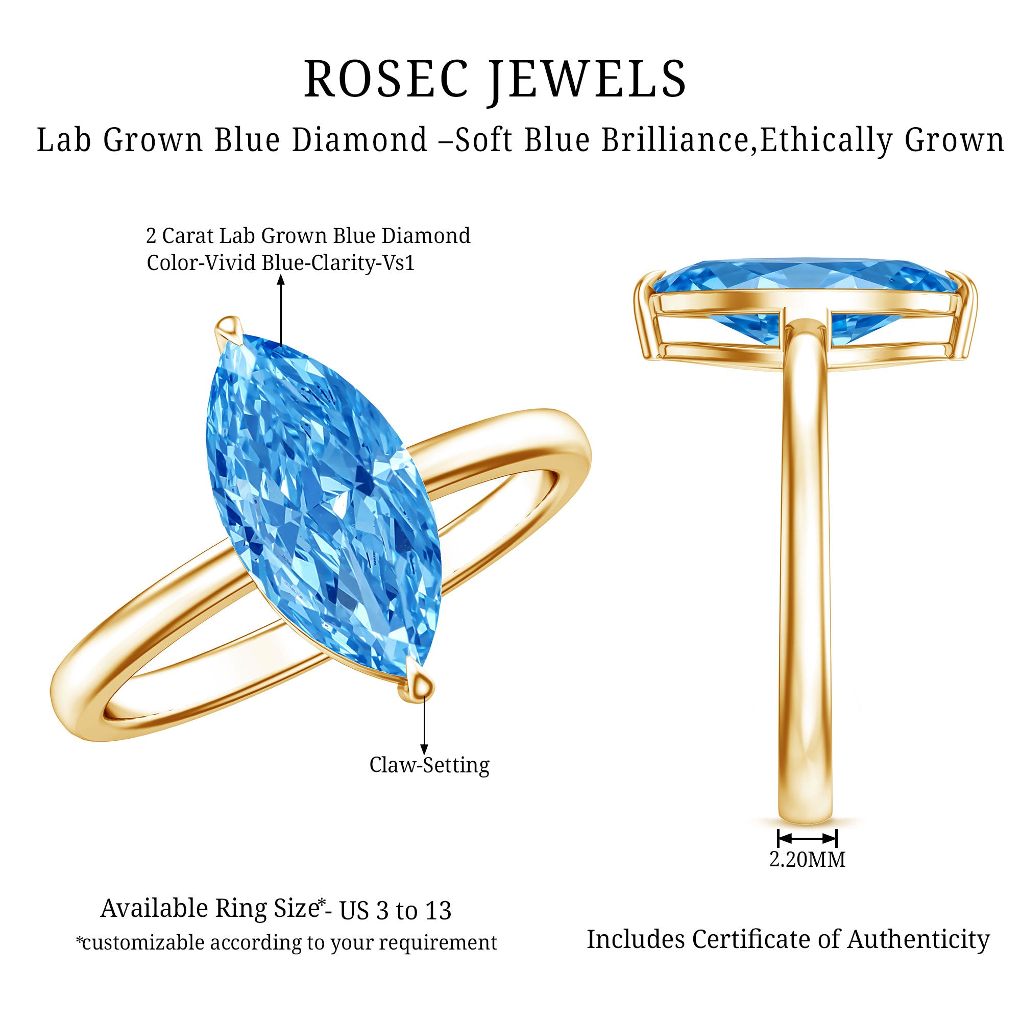 Rosec Jewels-2 Carat Marquise Cut Engagement Ring with IGI Certified Lab Grown Blue Diamond