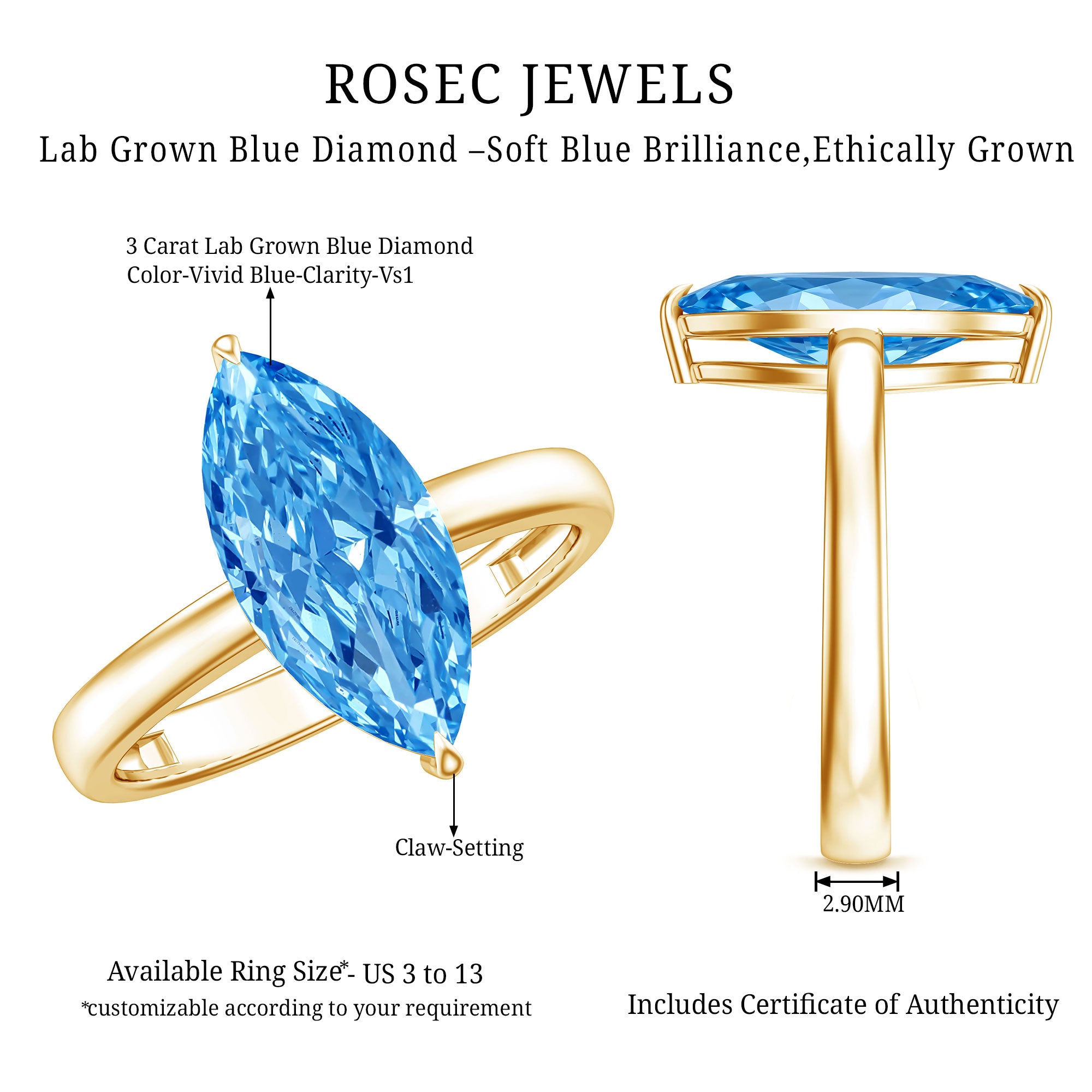 Rosec Jewels-Solitaire 3 Carat Marquise Cut Lab Grown Blue Diamond Engagement Ring IGI Certified