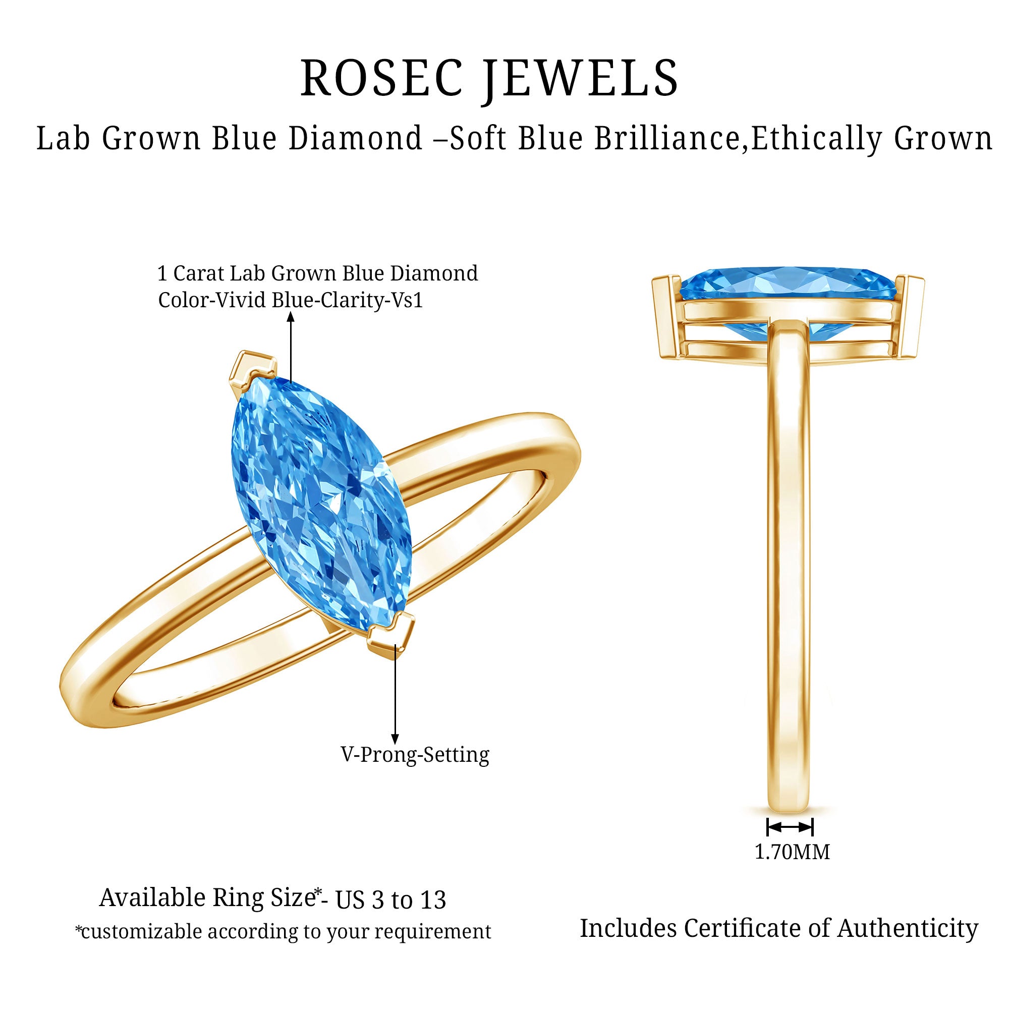 Rosec Jewels-Lab Grown 1 Carat Blue Diamond Solitaire Marquise Engagement Ring with IGI Certificate