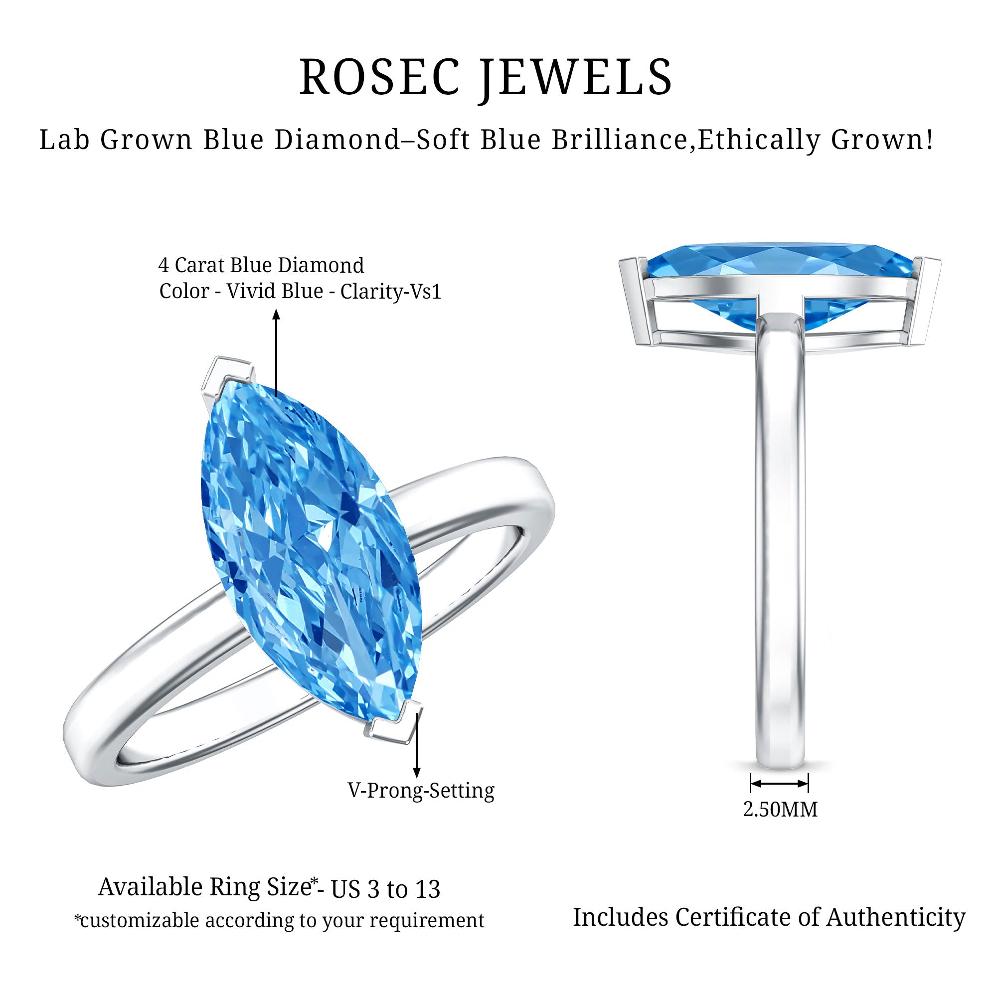 Rosec Jewels-IGI Certified 4 Carat Engagement Ring with Solitaire Marquise Cut Lab Grown Blue Diamond