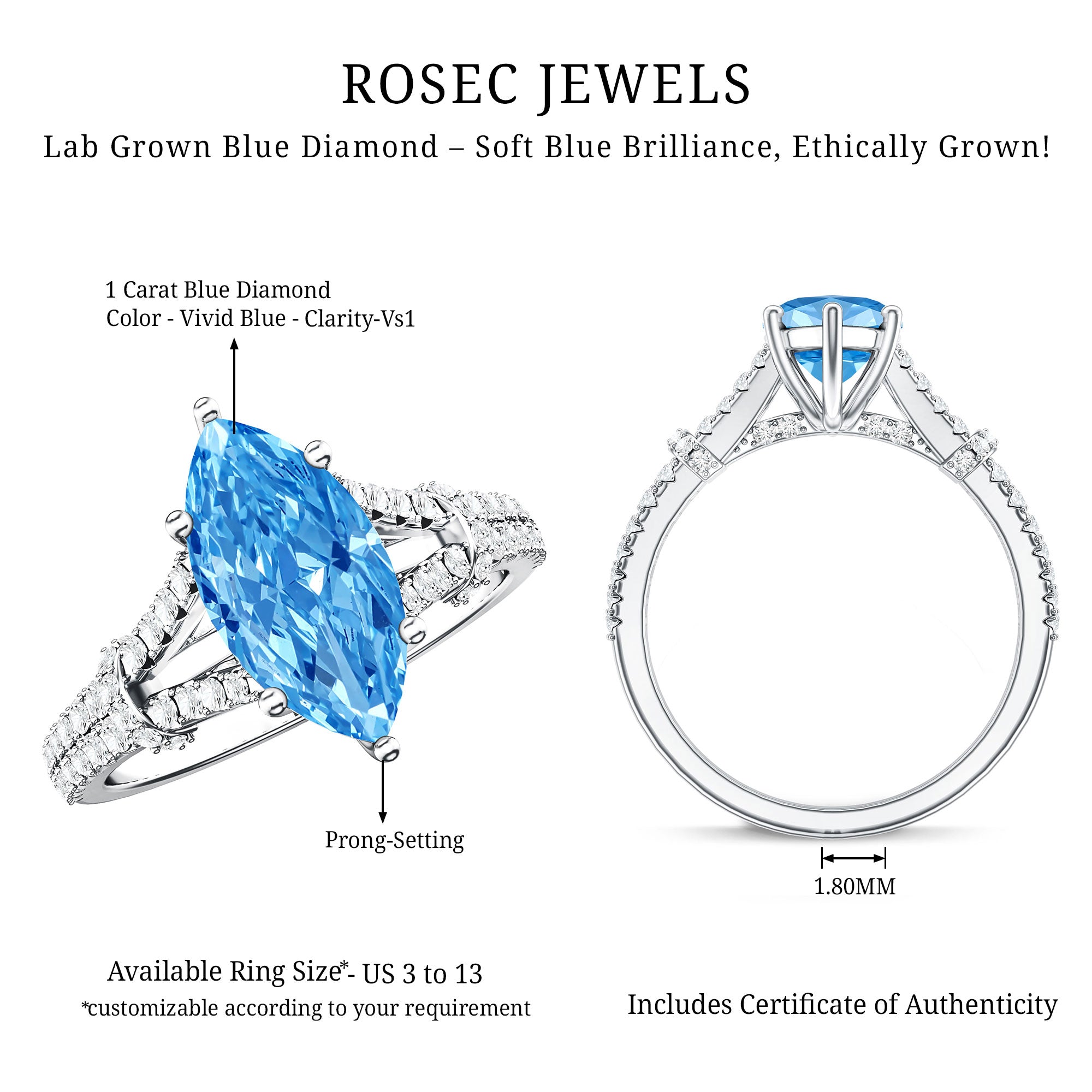 Rosec Jewels-Antique Looking 1 Carat Lab Grown Blue Diamond Engagement Ring IGI Certified