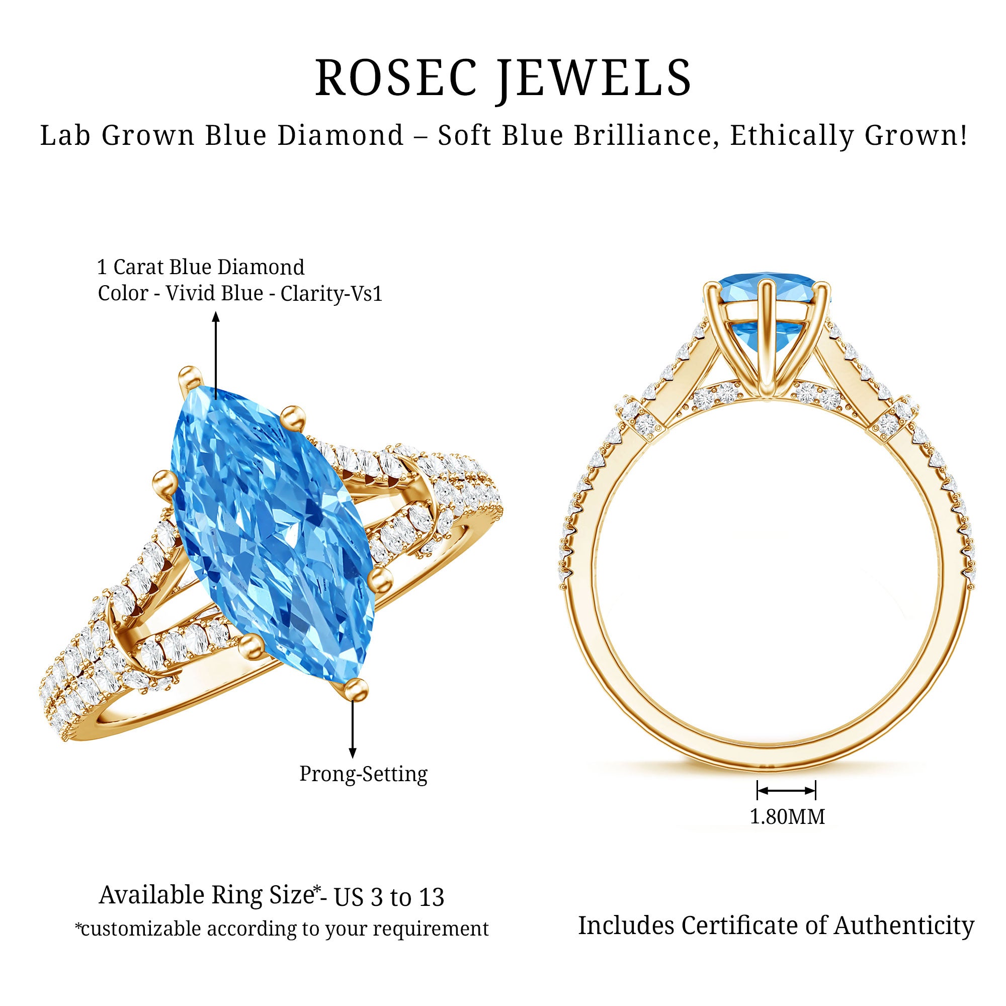 Rosec Jewels-Antique Looking 1 Carat Lab Grown Blue Diamond Engagement Ring IGI Certified