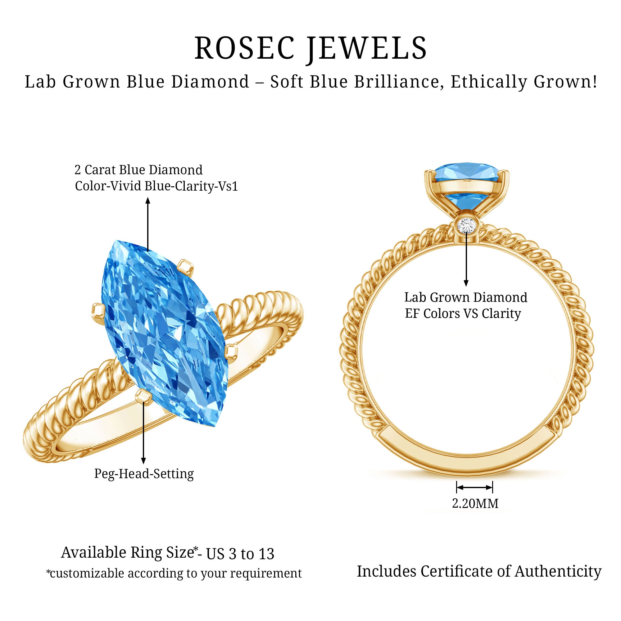Rosec Jewels-Lab Grown 2 Carat Blue Diamond Marquise Solitaire Engagement Ring IGI Certified