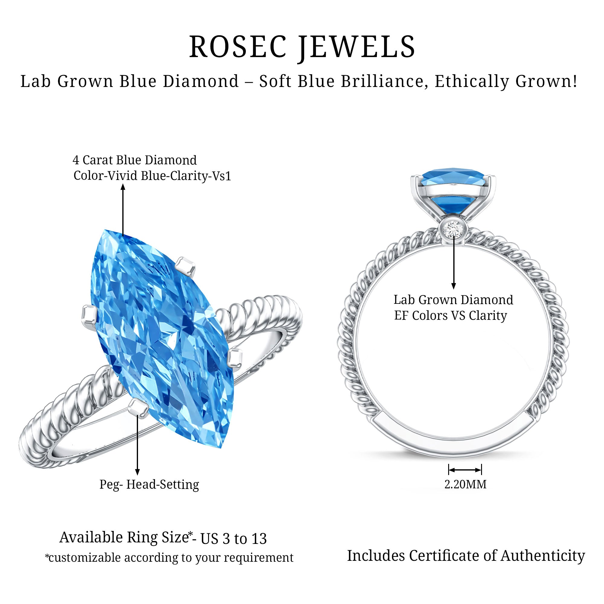 Rosec Jewels-IGI Certified 3 Carat Lab Grown Blue Diamond Solitaire Engagement Ring Marquise