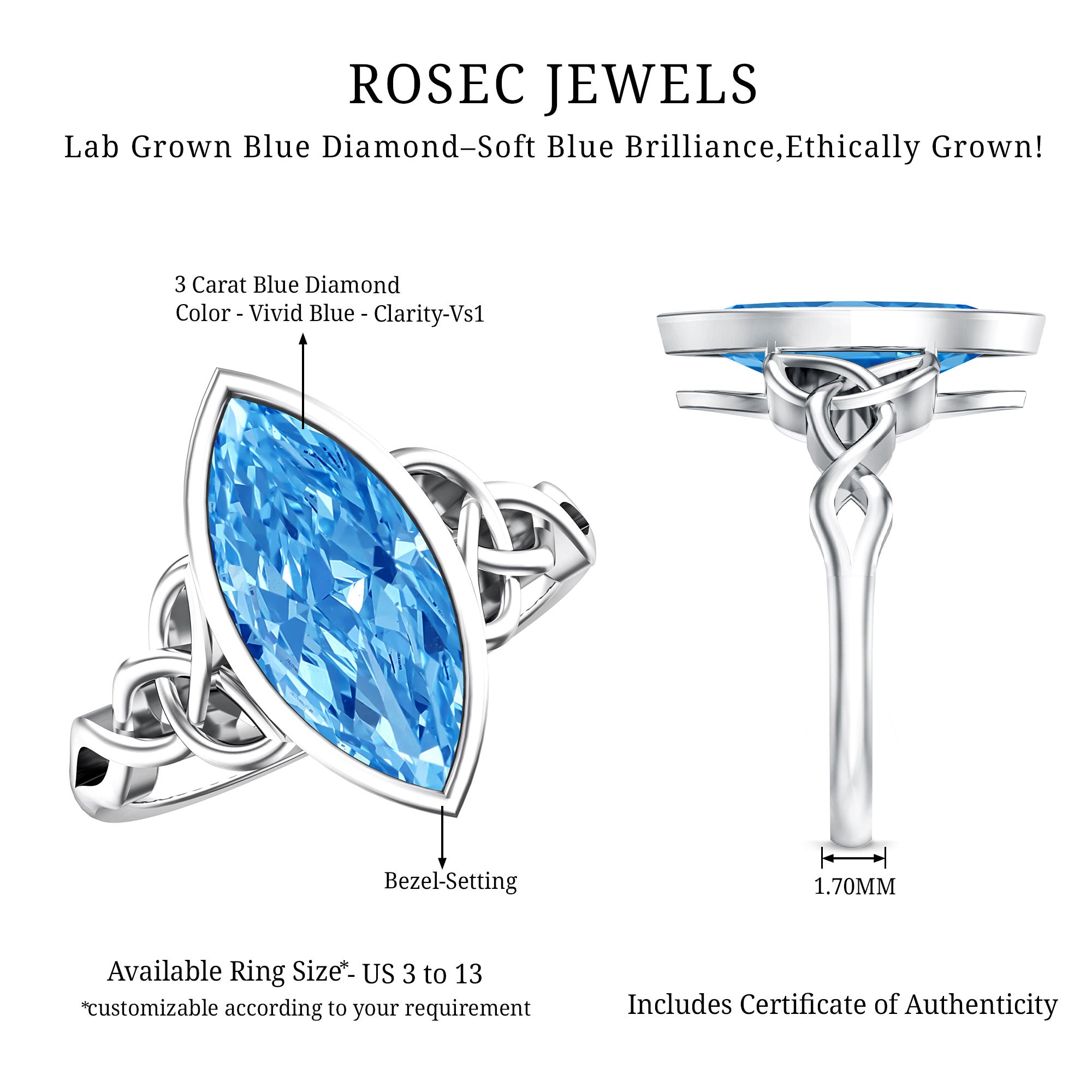 Rosec Jewels-3 Carat Marquise Cut Lab Grown Blue Diamond Celtic Engagement Ring with IGI Certificate