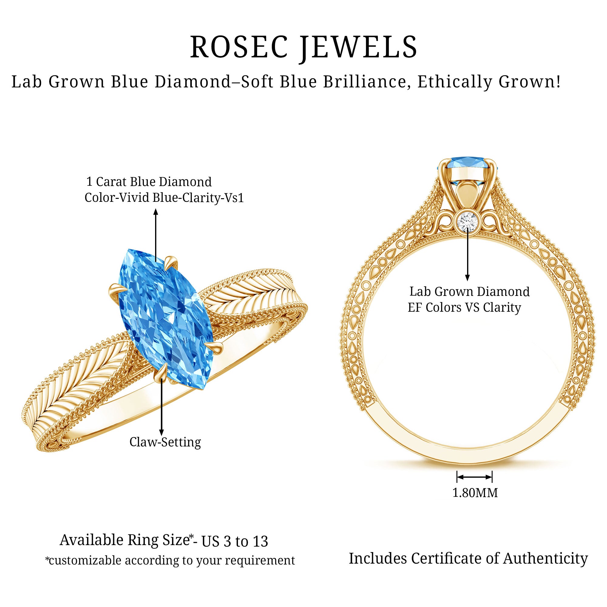 Rosec Jewels-Vintage Style 1 Carat Lab Created Blue Diamond Solitaire Engagement Ring IGI Certified