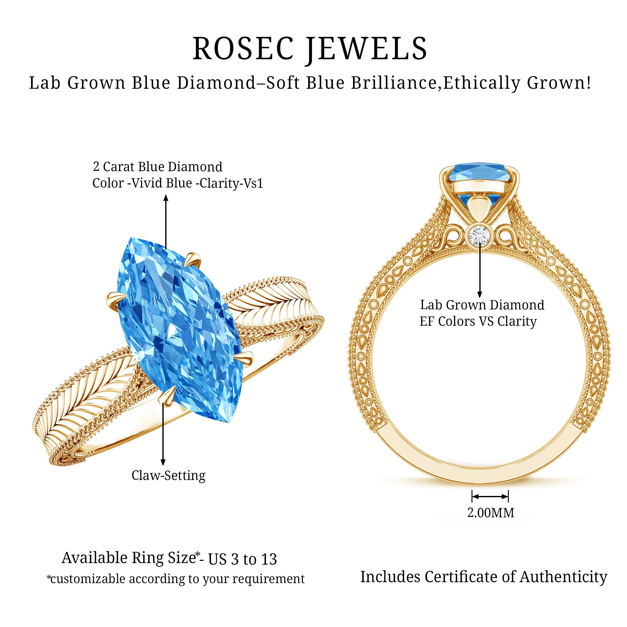 Rosec Jewels-Lab Created 2 Carat Blue Diamond Vintage Inspired Engagement Ring IGI Certified