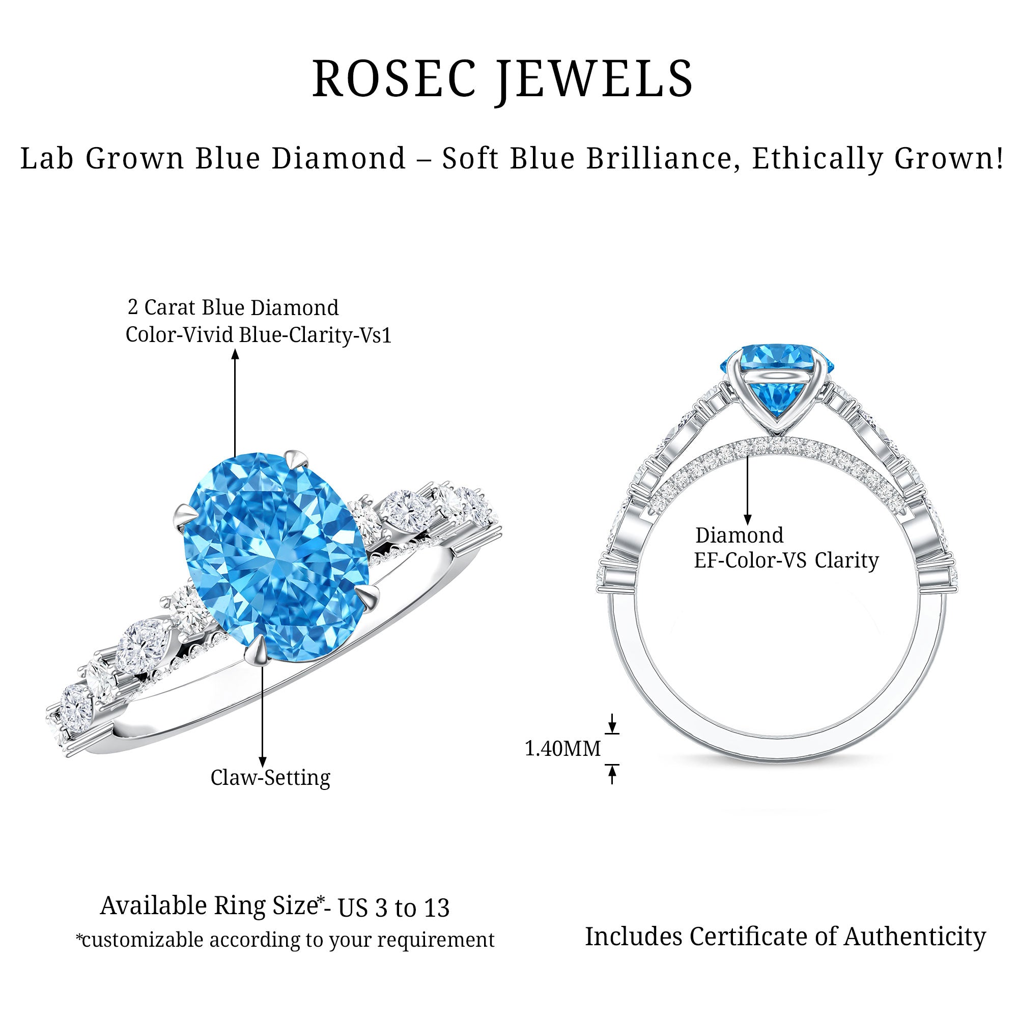 Rosec Jewels-2 Carat Lab Grown Blue Diamond Oblong Engagement Ring with IGI Certificate