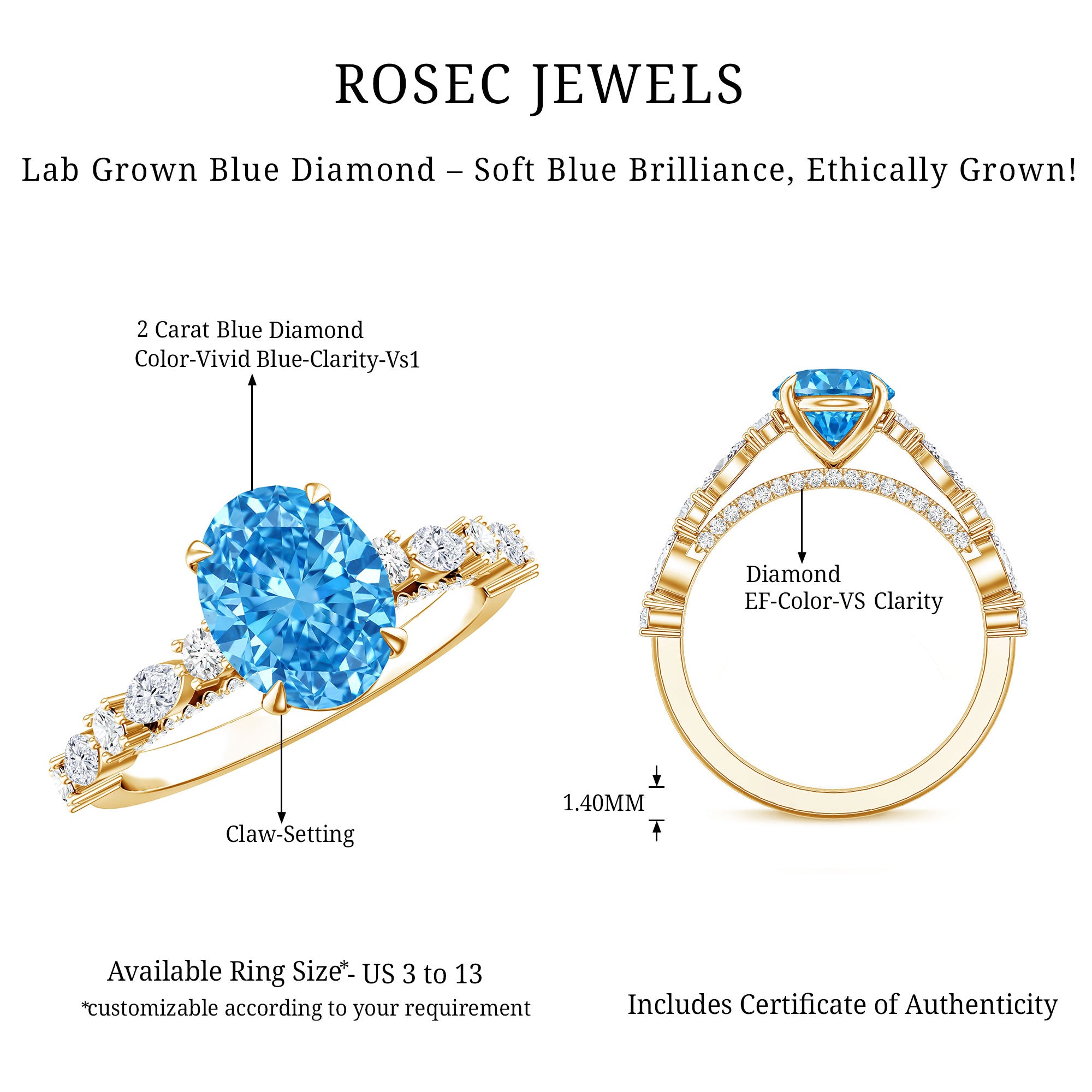 Rosec Jewels-2 Carat Lab Grown Blue Diamond Oblong Engagement Ring with IGI Certificate