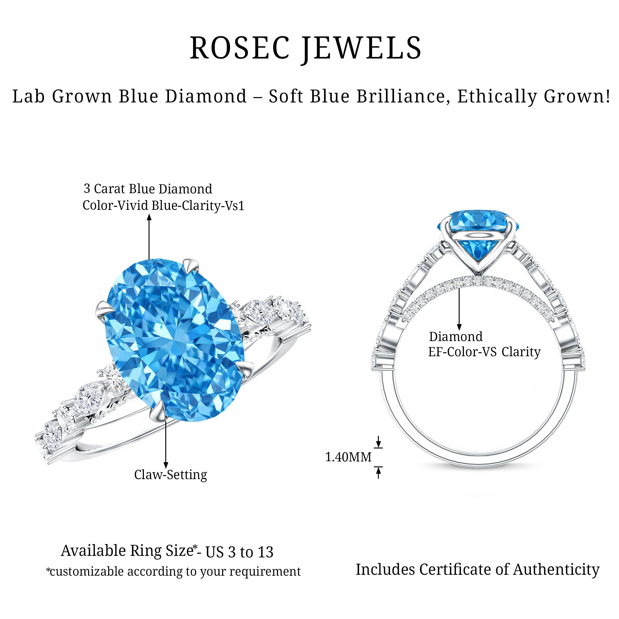 Rosec Jewels-IGI Certified 3 Carat Lab Grown Oval Blue Diamond Big Engagement Ring with Side Stones
