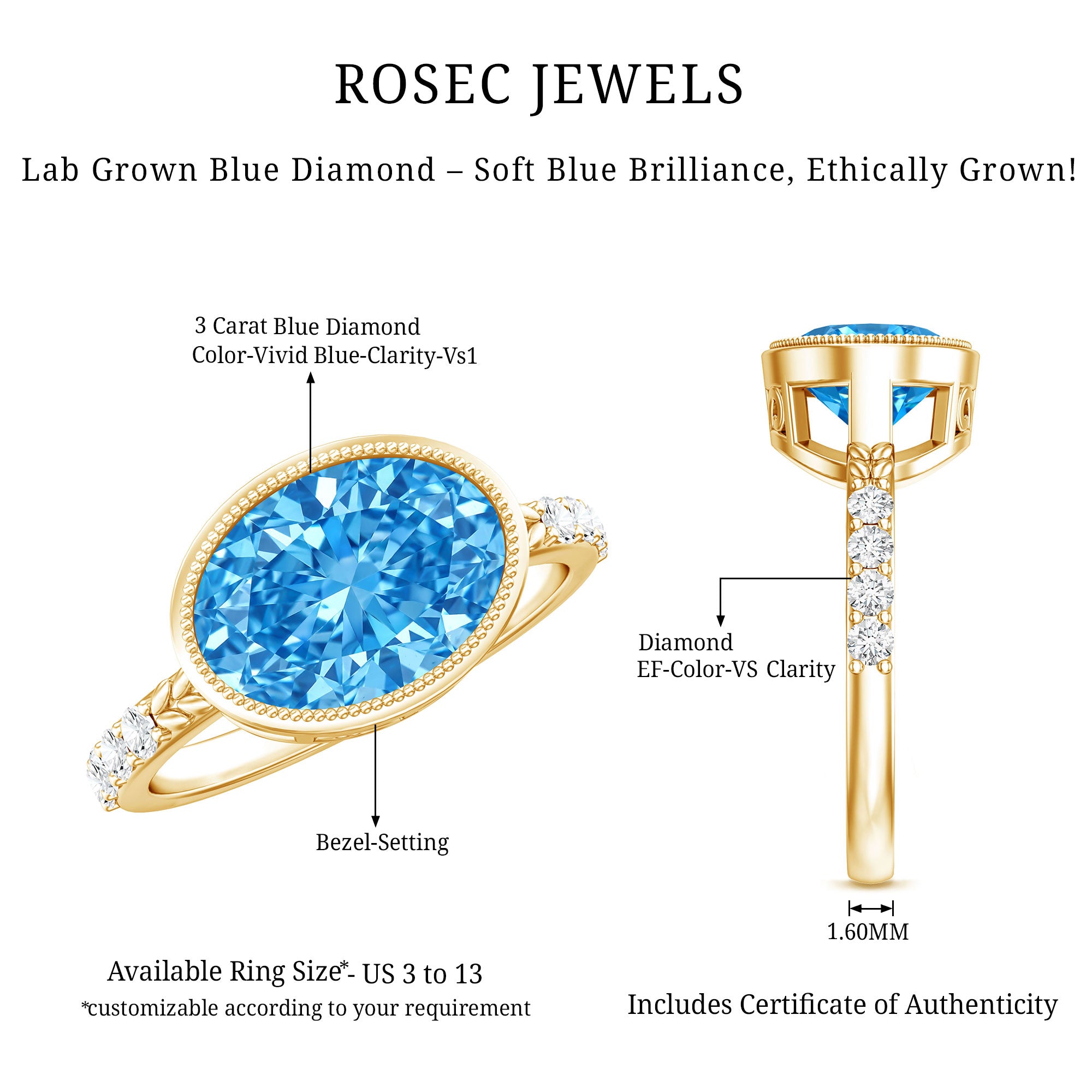 Rosec Jewels-IGI Certified 3 Carat Oval Lab Grown Blue Diamond East West Engagement Ring