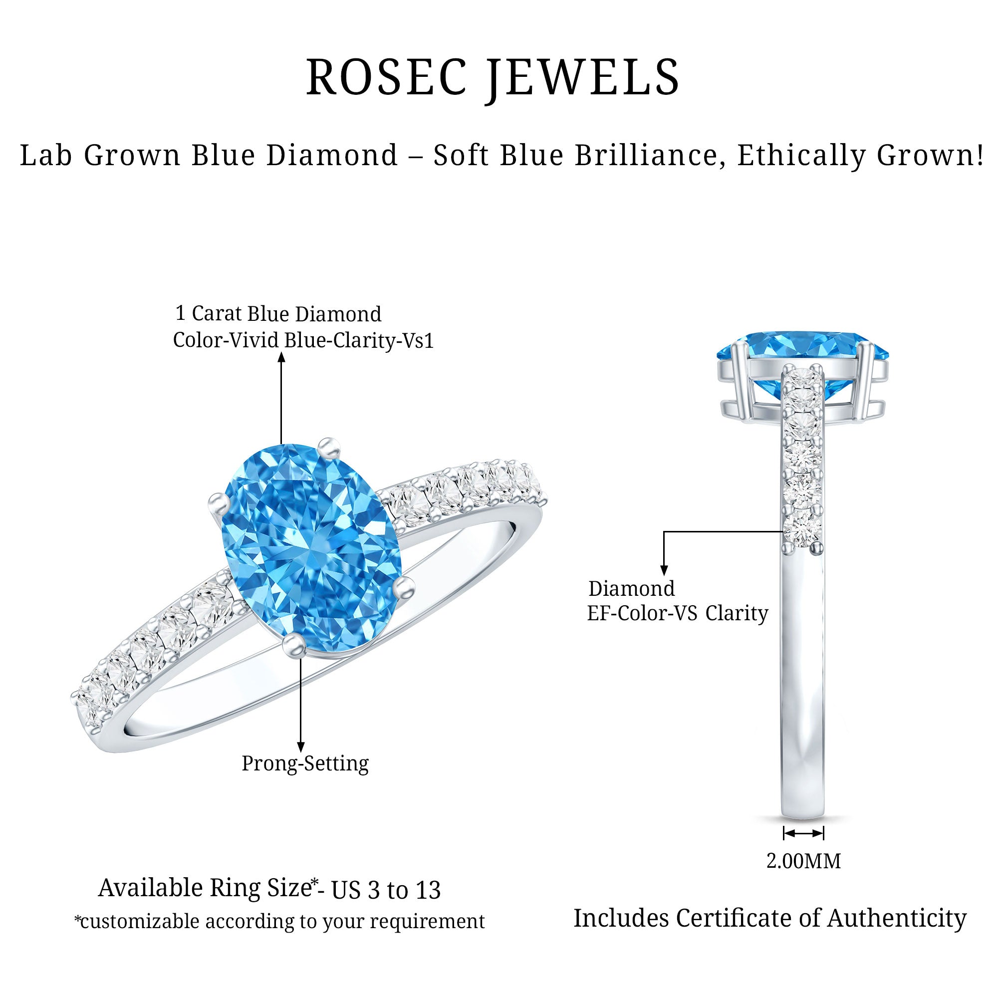 Rosec Jewels-IGI Certified 1 Carat Lab Blue Diamond Oval Engagement Ring with Side Stones