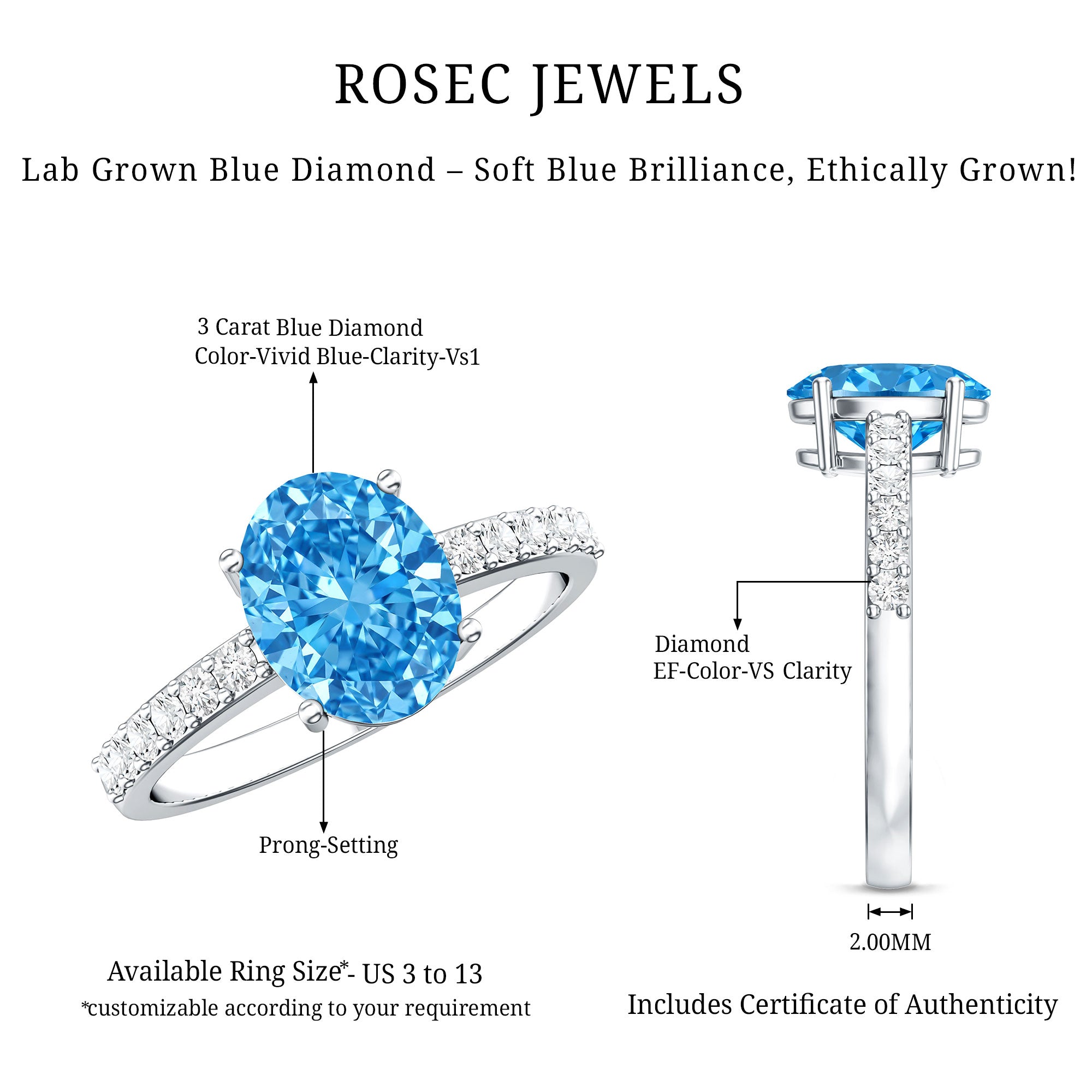 Rosec Jewels-3 Carat Lab Grown Oval Blue Diamond Engagement Ring with IGI Certificate