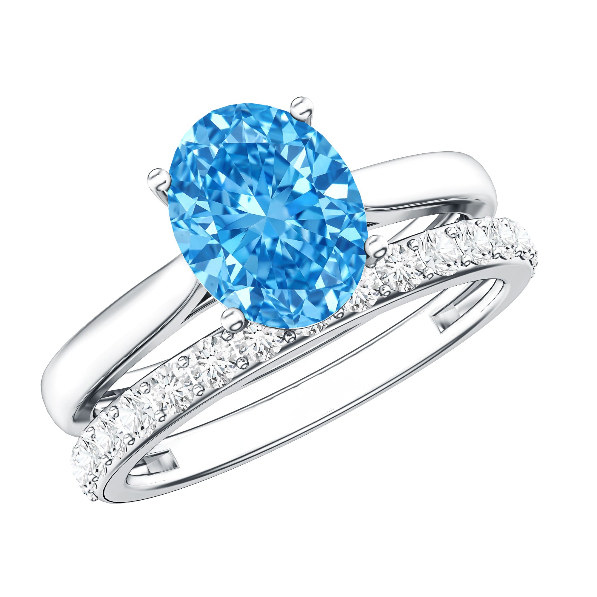 Rosec Jewels-IGI Certified 2 Carat Oval Lab Grown Blue Diamond Bridal Ring Set for Women