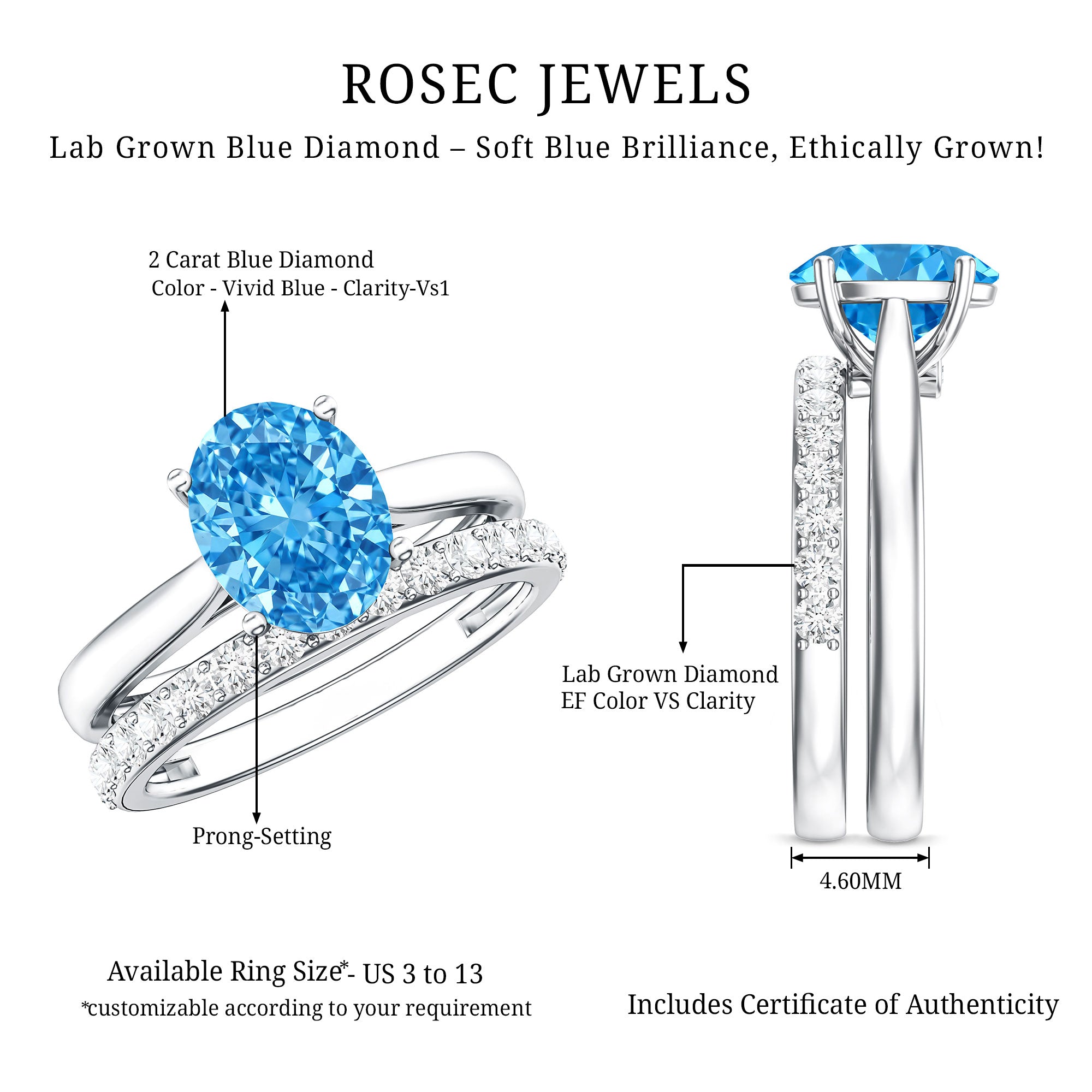 Rosec Jewels-IGI Certified 2 Carat Oval Lab Grown Blue Diamond Bridal Ring Set for Women