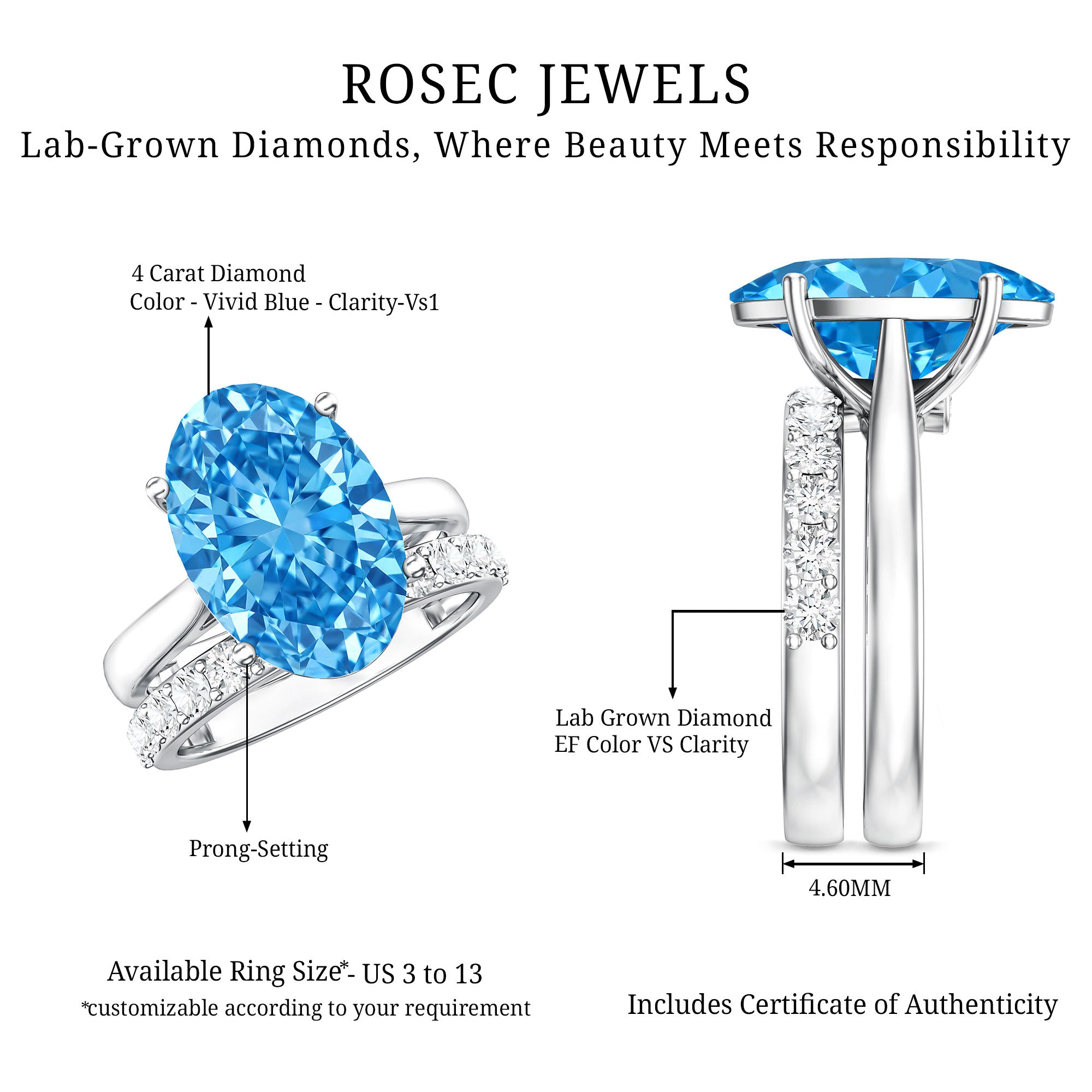 Rosec Jewels-IGI Certified 4 Carat Oval Lab Grown Blue Diamond Engagement Ring with Enhancer