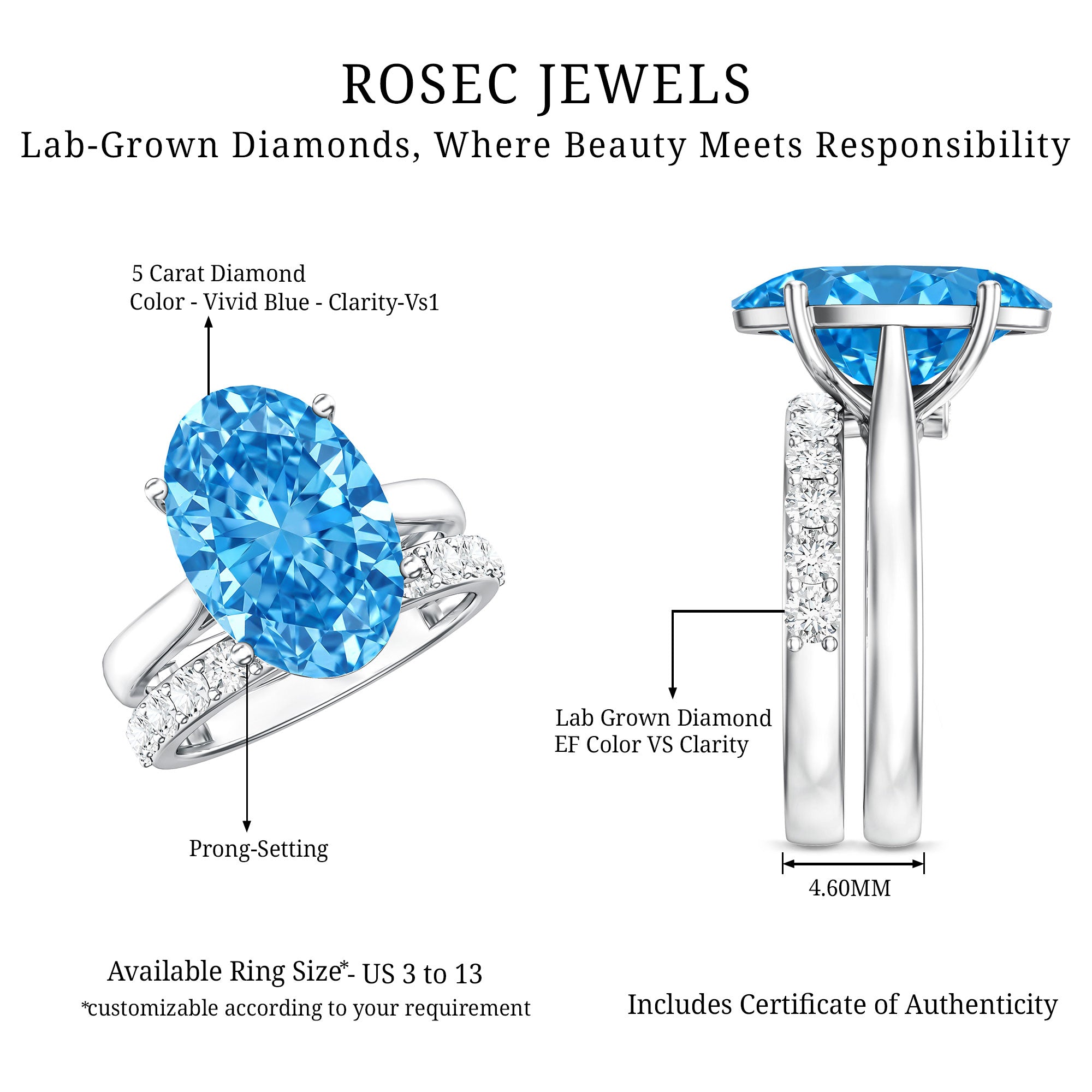 Rosec Jewels-5 Carat Oval Lab Grown Blue Diamond Engagement Ring and Wedding Band with IGI Certificate