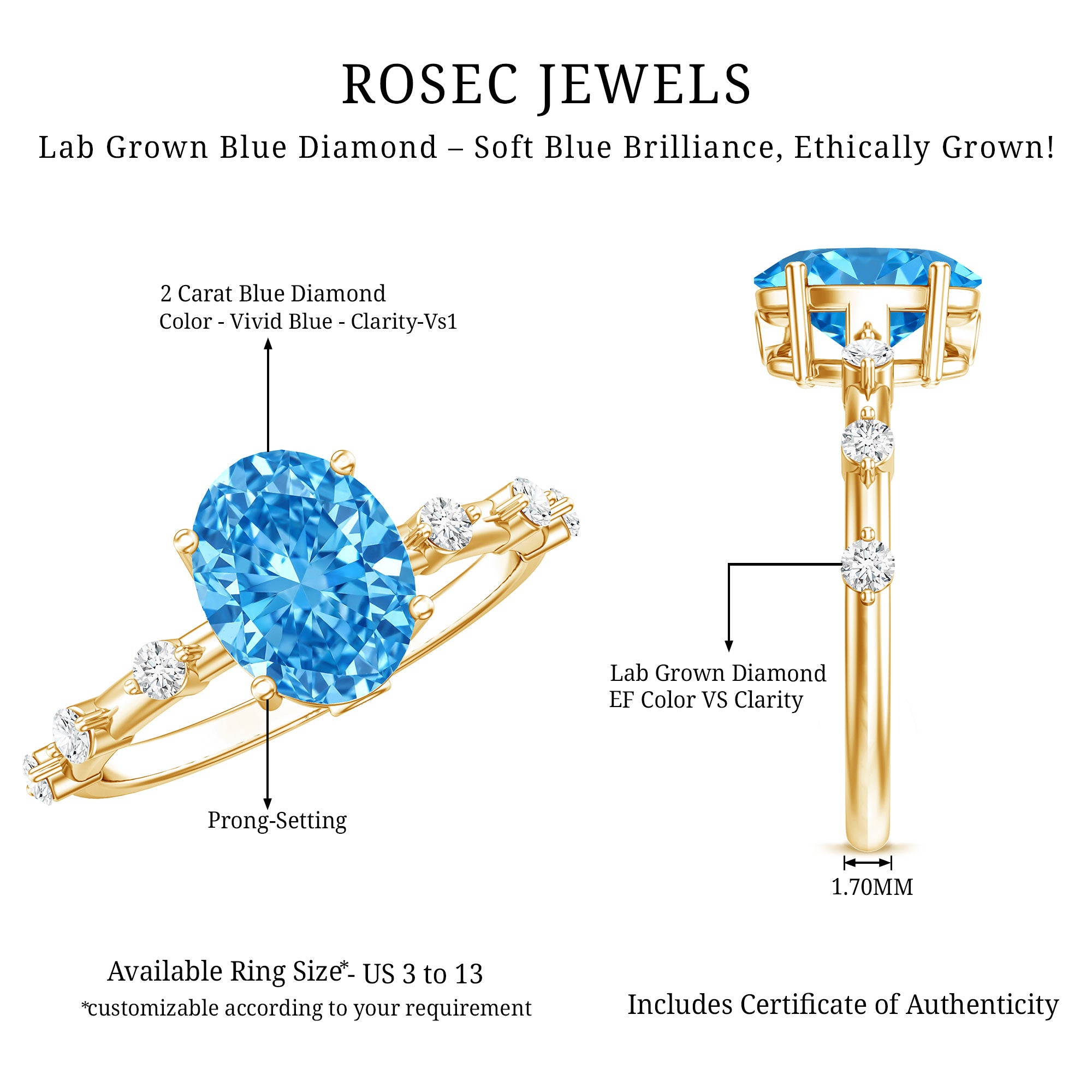 Rosec Jewels-IGI Certified Lab Grown Blue Diamond Oval Engagement Ring 2 Carat