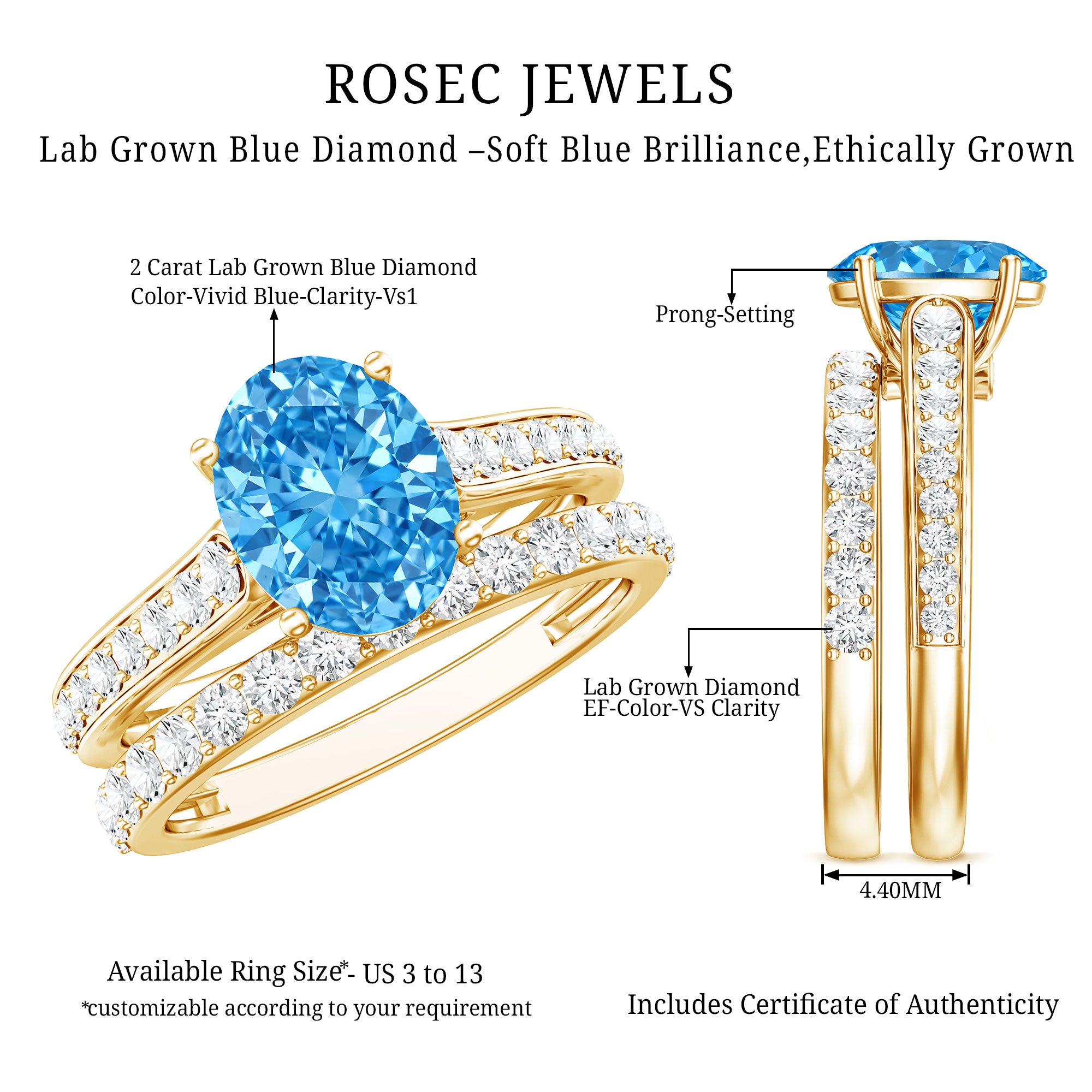 Rosec Jewels-IGI Certified Lab Grown 2 Carat Blue Diamond Oval Engagement Ring with Enhancer