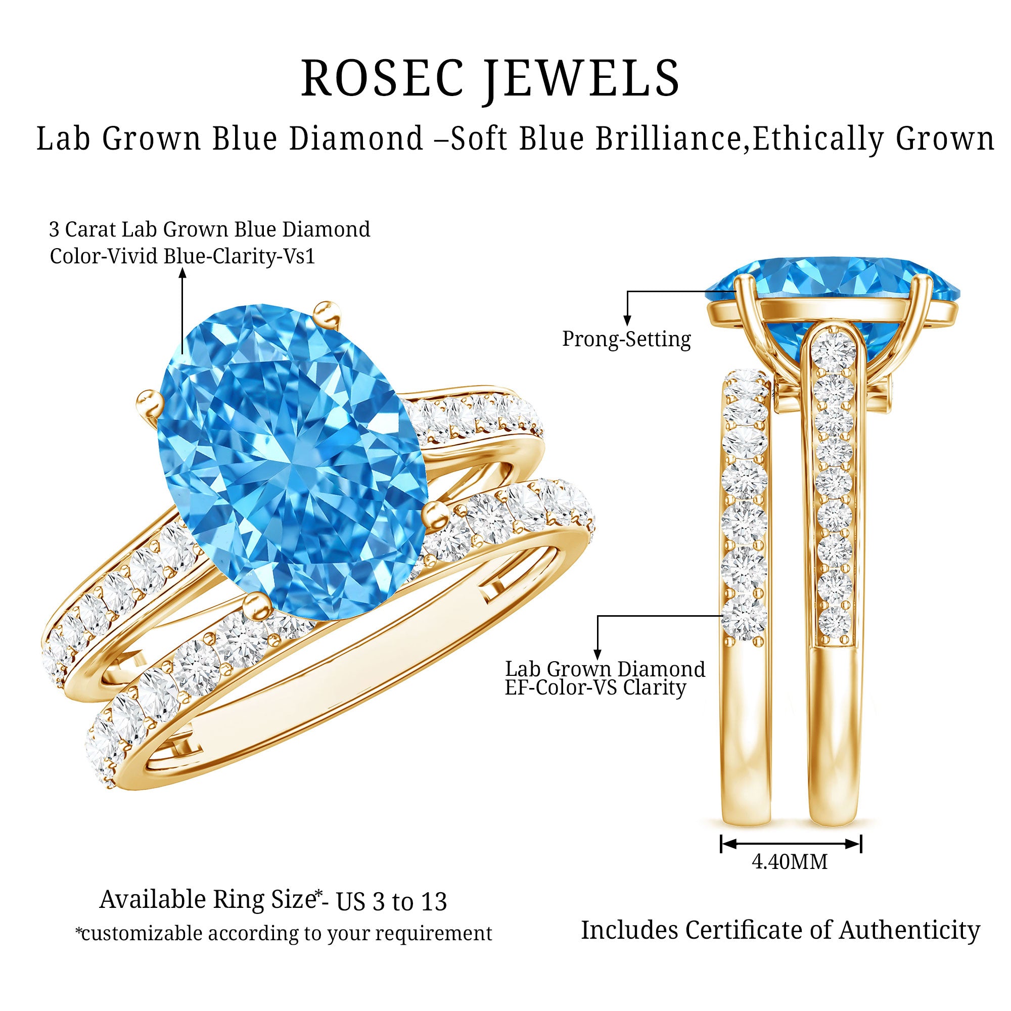 Rosec Jewels-3 Carat Lab Grown Blue Diamond Oval Wedding Ring Set with IGI Certificate