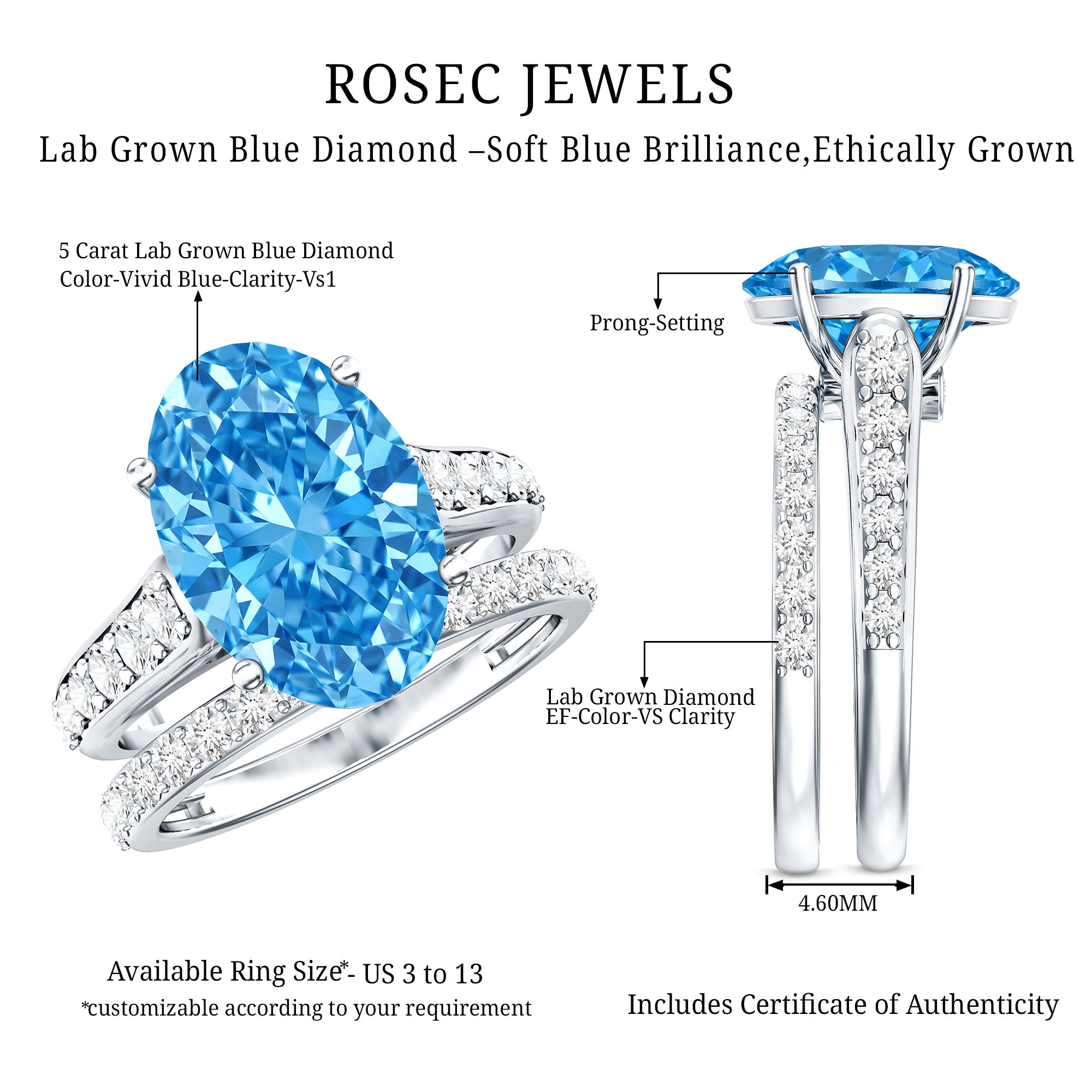 Rosec Jewels-IGI Certified 5 Carat Lab Grown Blue Diamond Oval Shaped Wedding Ring Set