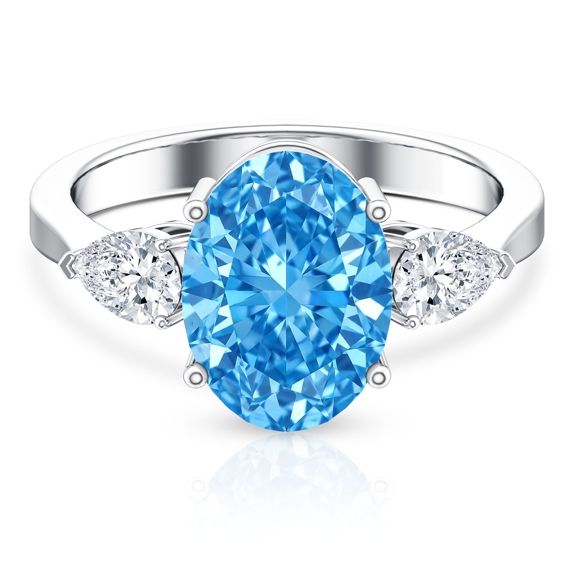 Rosec Jewels-Oval Shape 3 Carat Lab Grown Blue Diamond Three Stone Engagement Ring with IGI Certificate