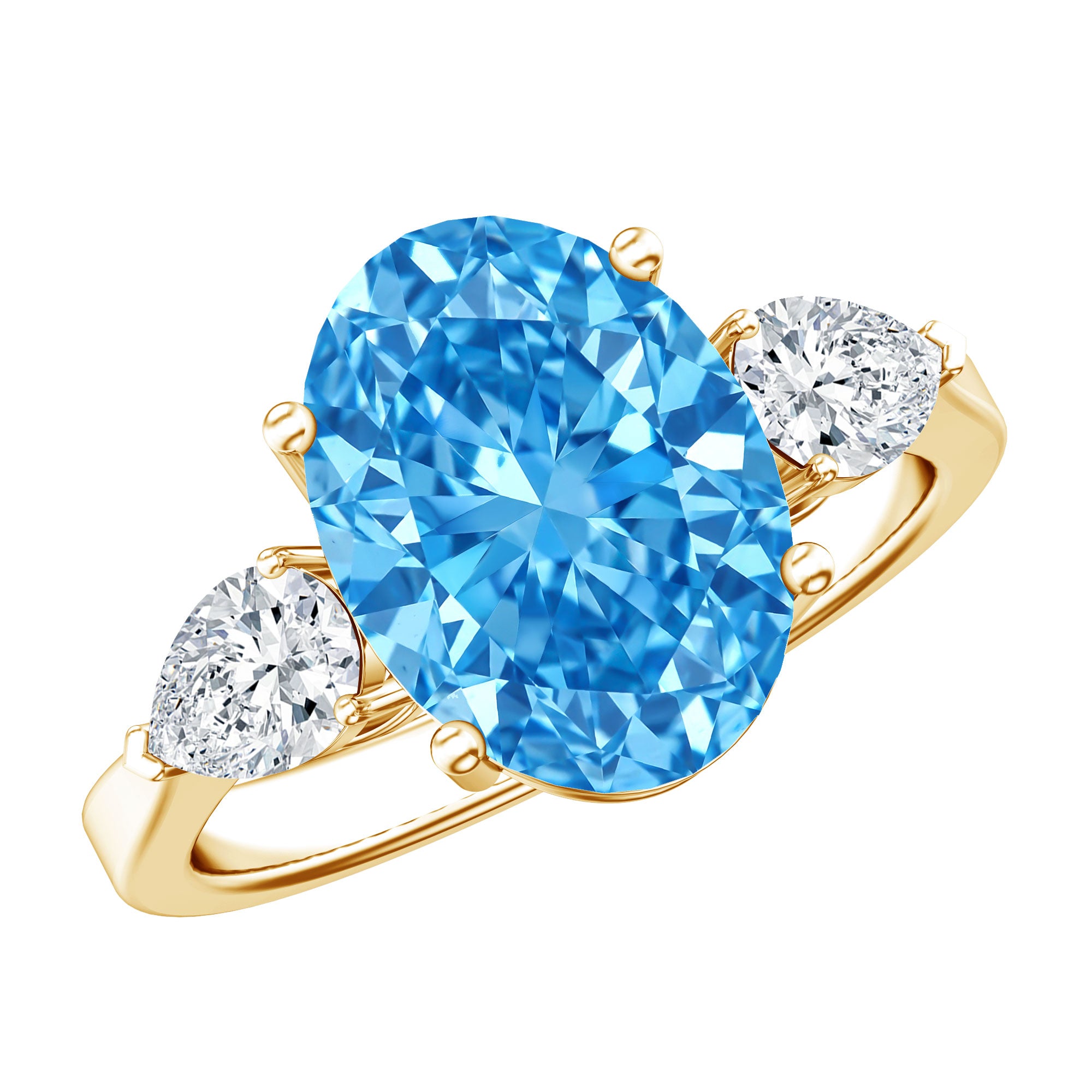 Rosec Jewels-Oval Shape 3 Carat Lab Grown Blue Diamond Three Stone Engagement Ring with IGI Certificate
