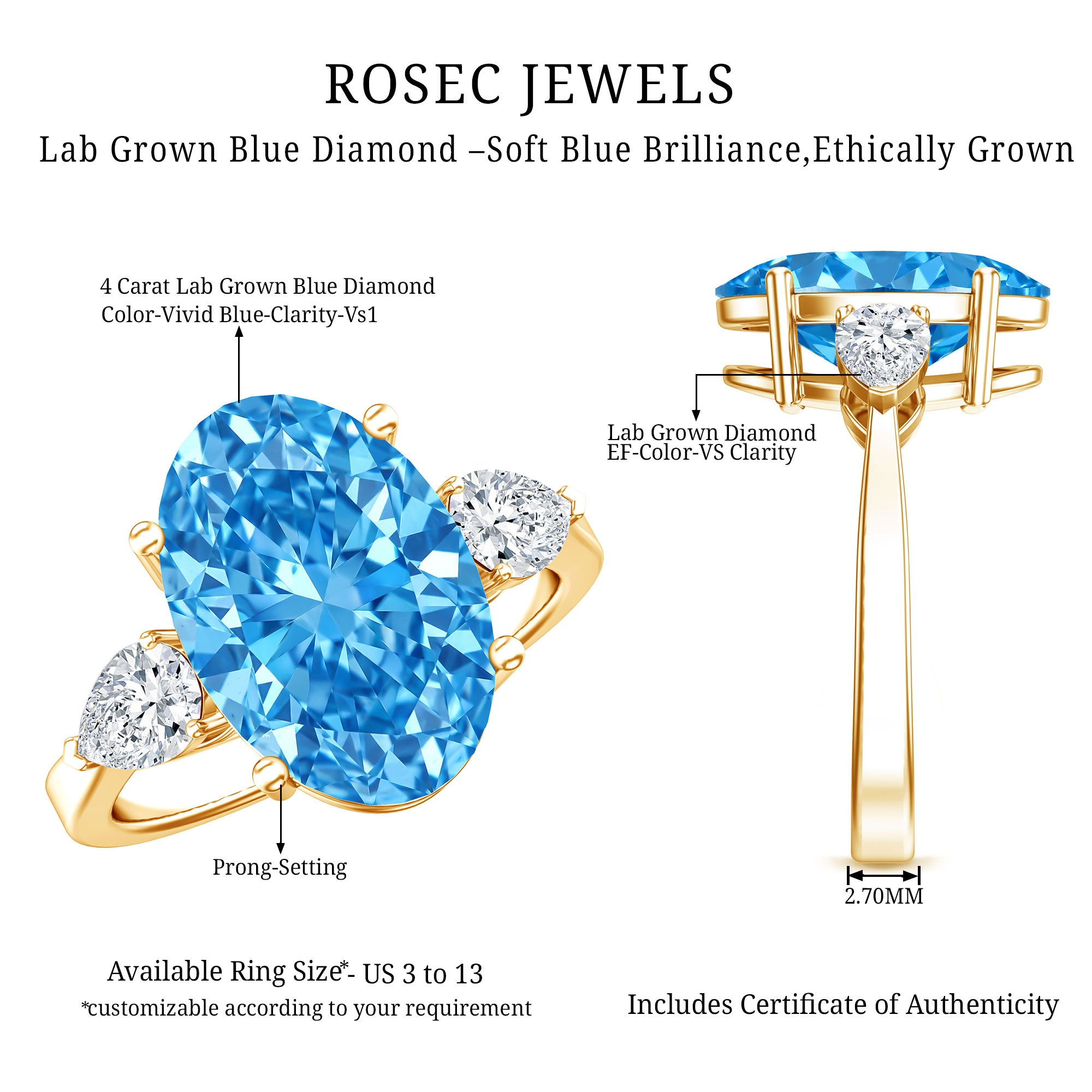 Rosec Jewels-IGI Certified 4 Carat Oval Shaped Lab Grown Blue Diamond Journey Ring