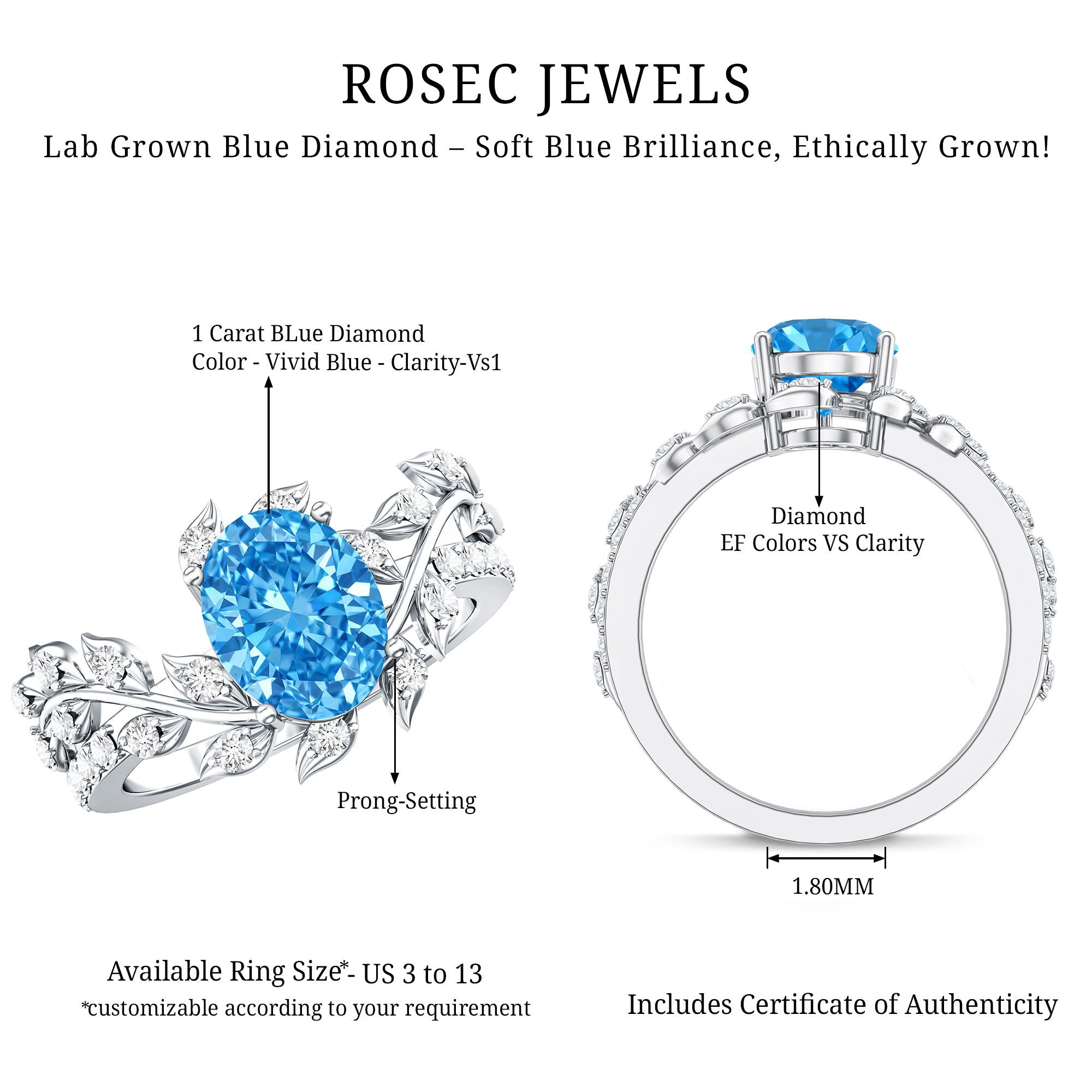 Rosec Jewels-Oval Shaped 1 Carat Lab Grown Blue Diamond Designer Engagement Ring IGI Certified