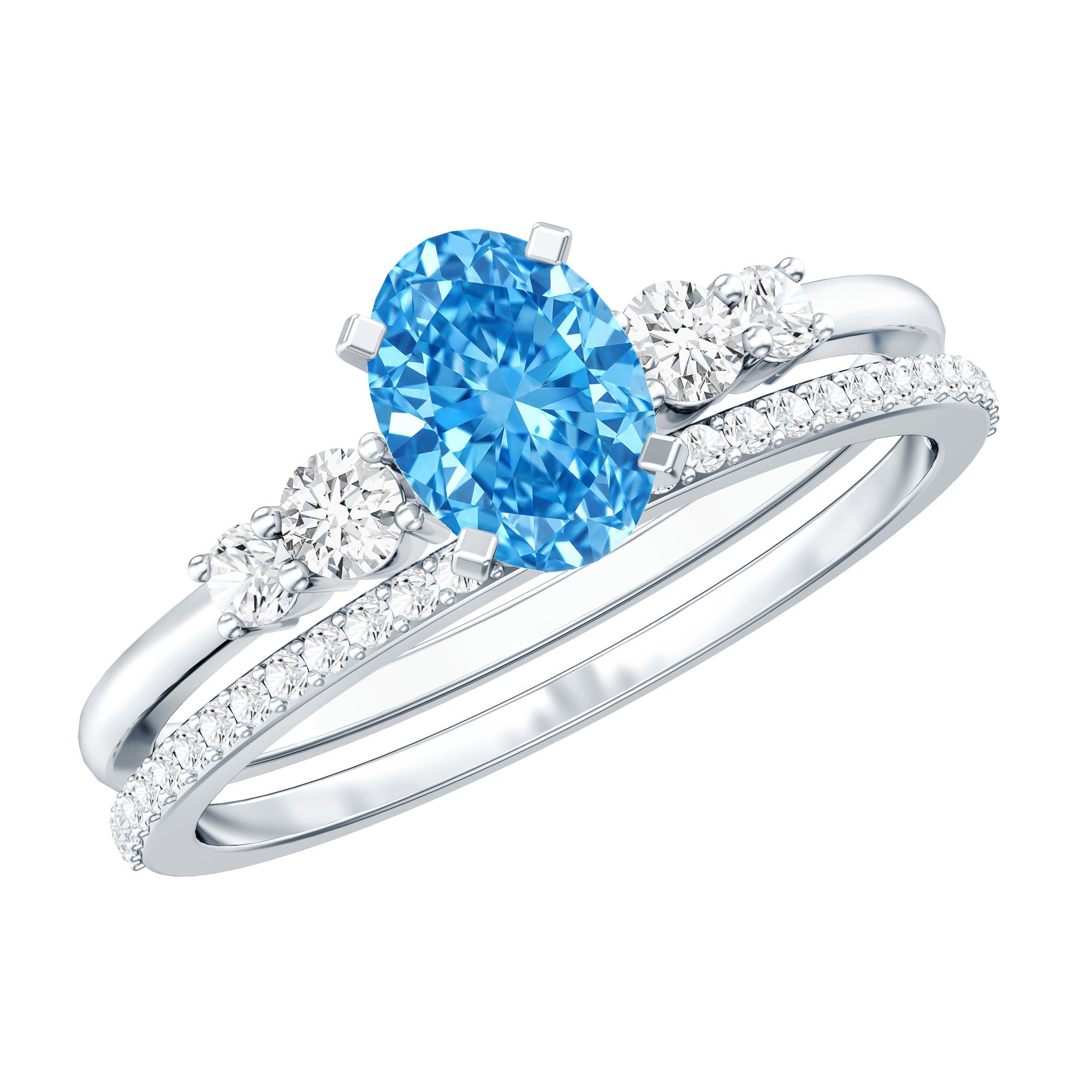 Rosec Jewels-IGI Certified 1 Carat Oval Lab Grown Blue and White Diamond Bridal Ring Set