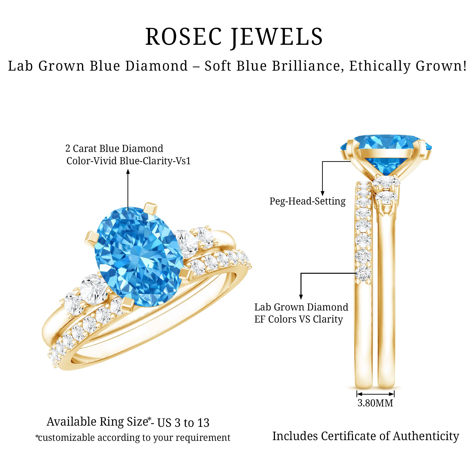 Rosec Jewels-2 Carat Lab Grown Blue Diamond Oval Wedding Ring Set with IGI Certified
