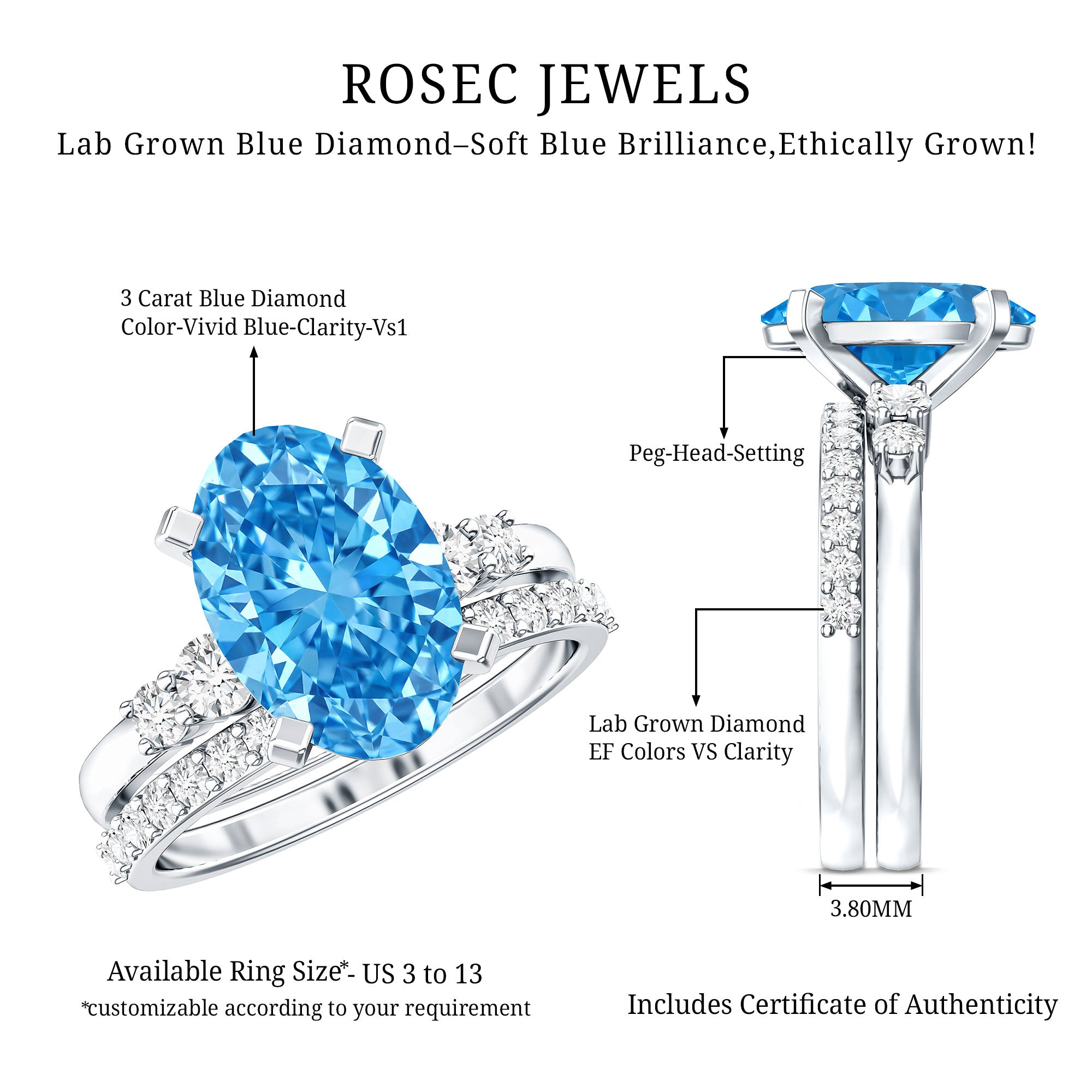Rosec Jewels-3 Carat Oval Shaped Lab Grown Blue Diamond Wedding Ring Set with IGI Certificate