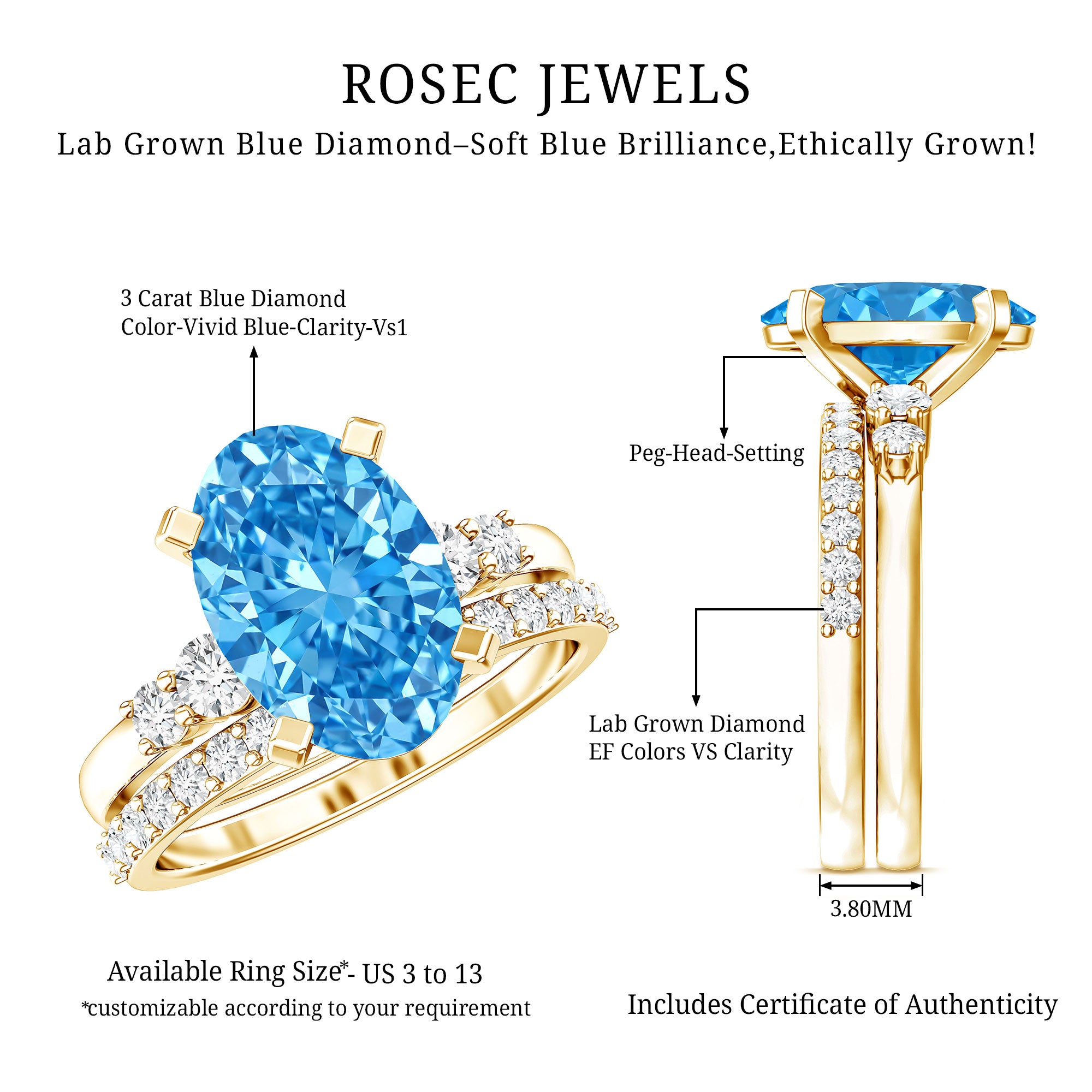 Rosec Jewels-3 Carat Oval Shaped Lab Grown Blue Diamond Wedding Ring Set with IGI Certificate
