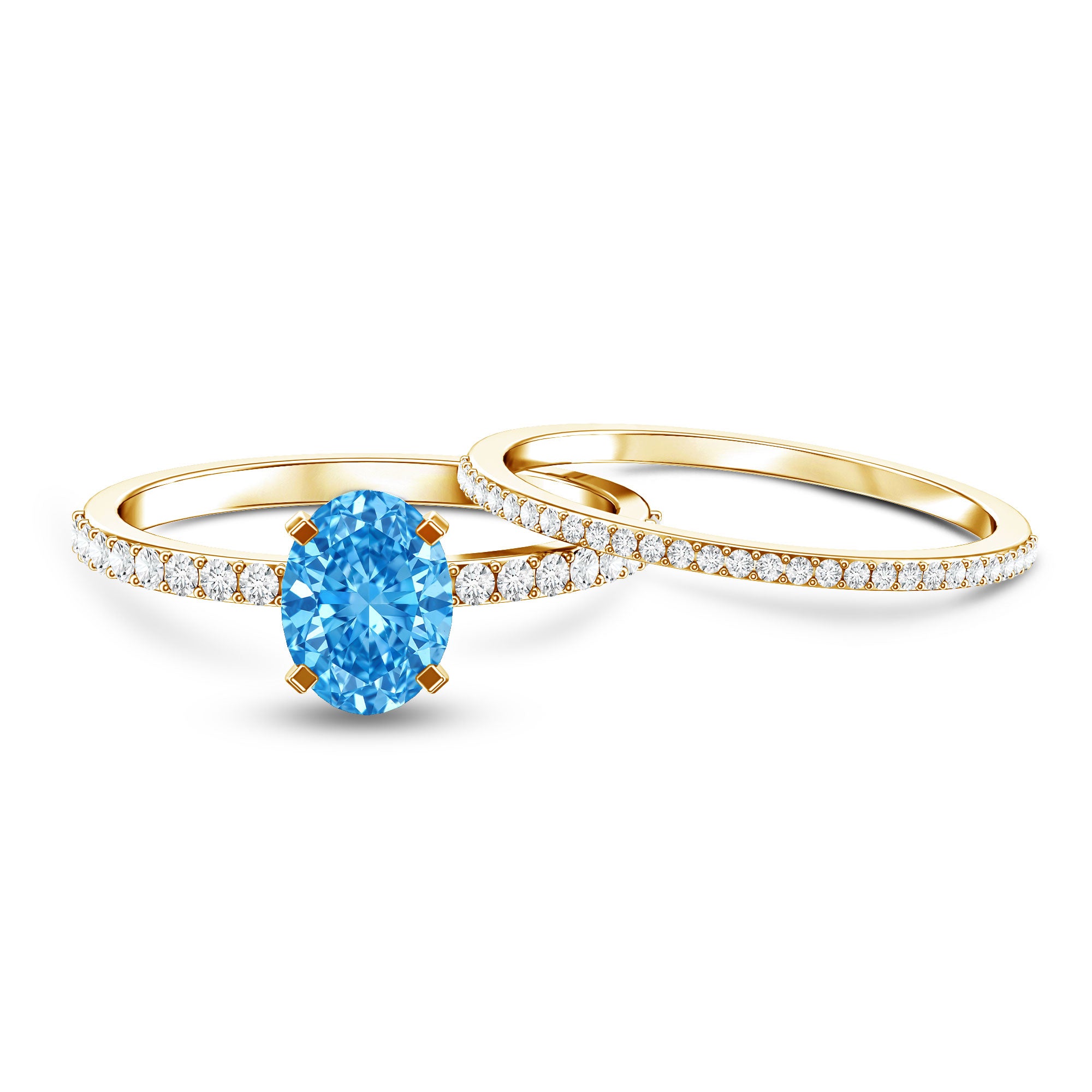 Rosec Jewels-1 Carat Oval Shaped Lab Grown Blue and White Diamond Wedding Ring Set IGI Certified