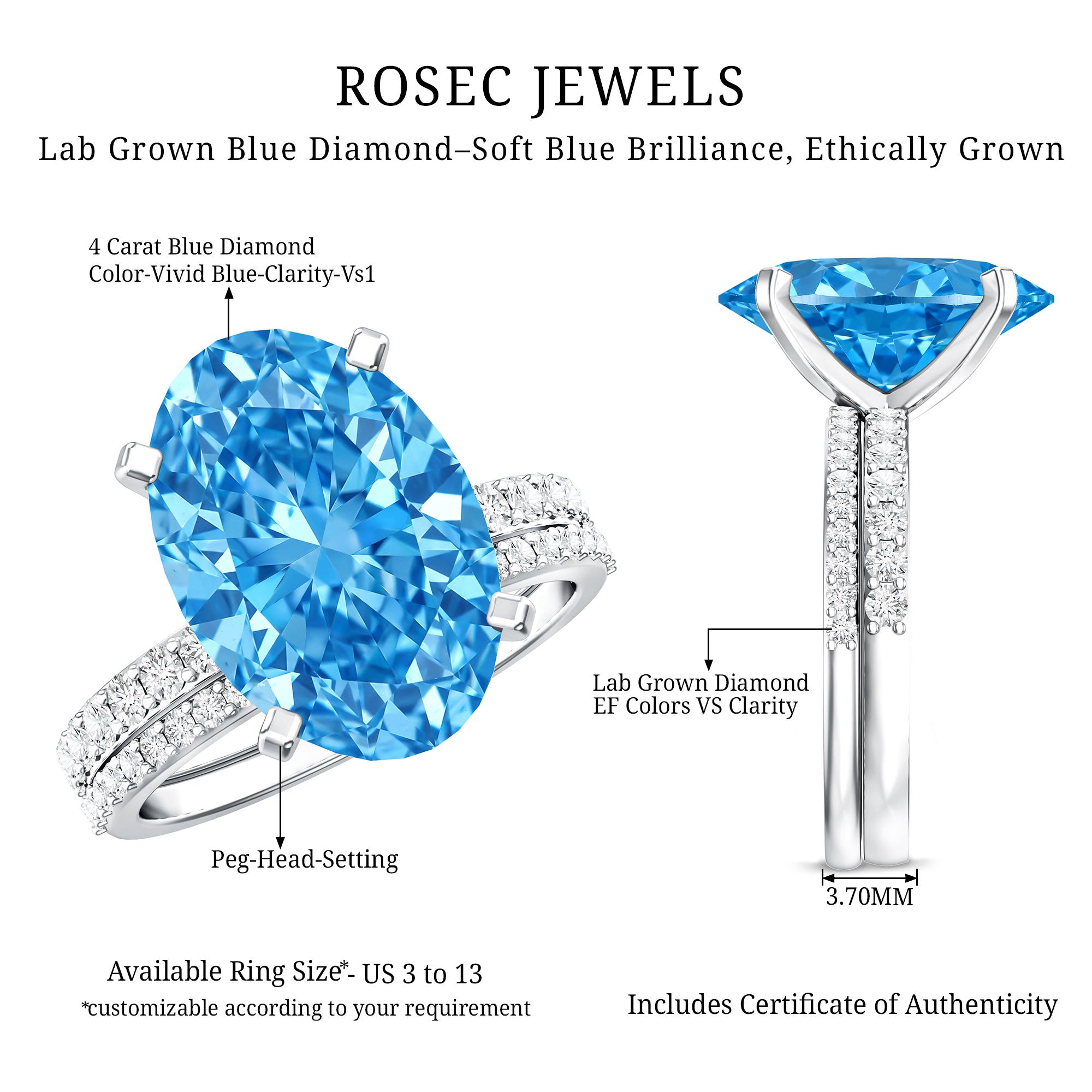 Rosec Jewels-Lab Grown 4 Carat Blue Diamond Oval Wedding Ring Set with IGI Certificate