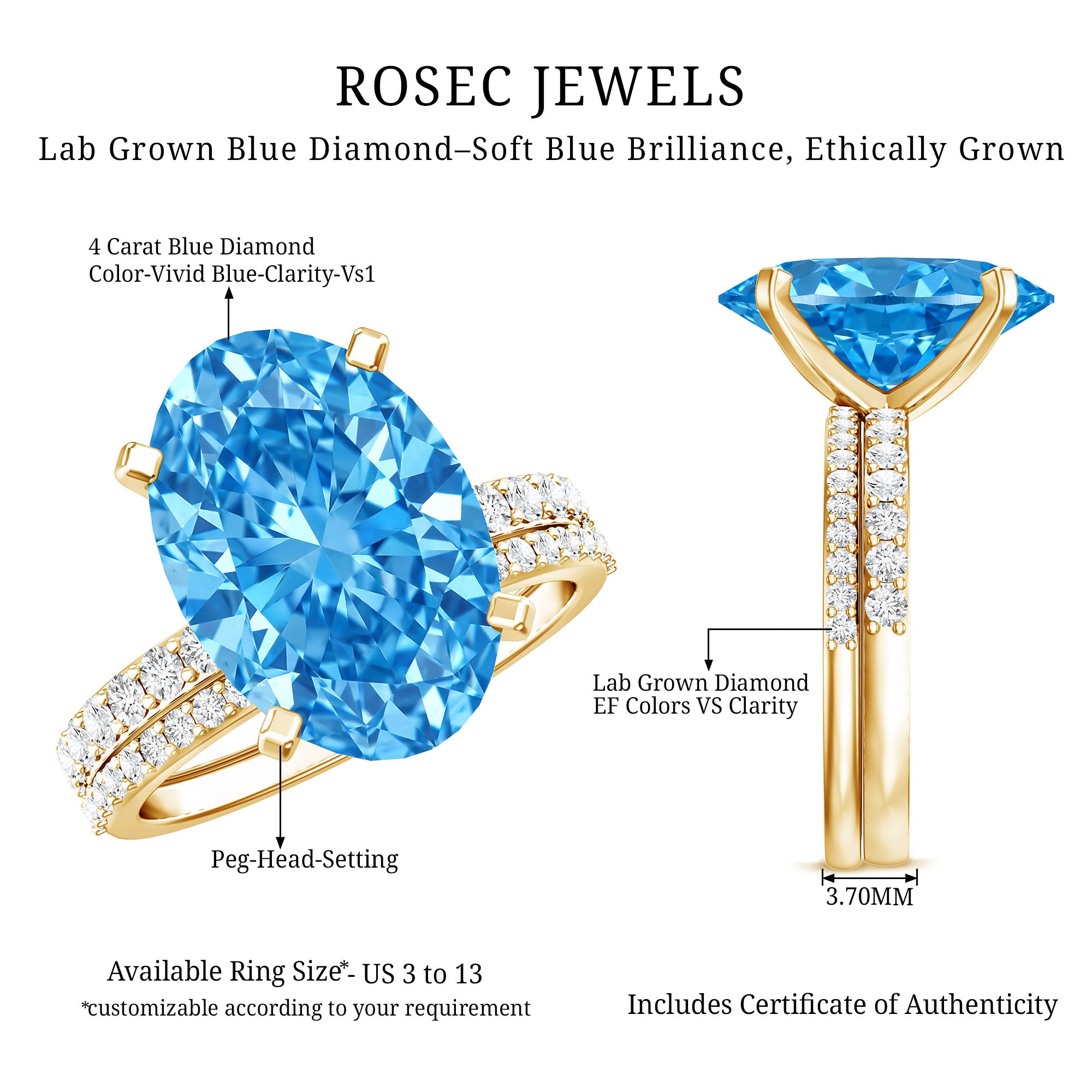 Rosec Jewels-Lab Grown 4 Carat Blue Diamond Oval Wedding Ring Set with IGI Certificate