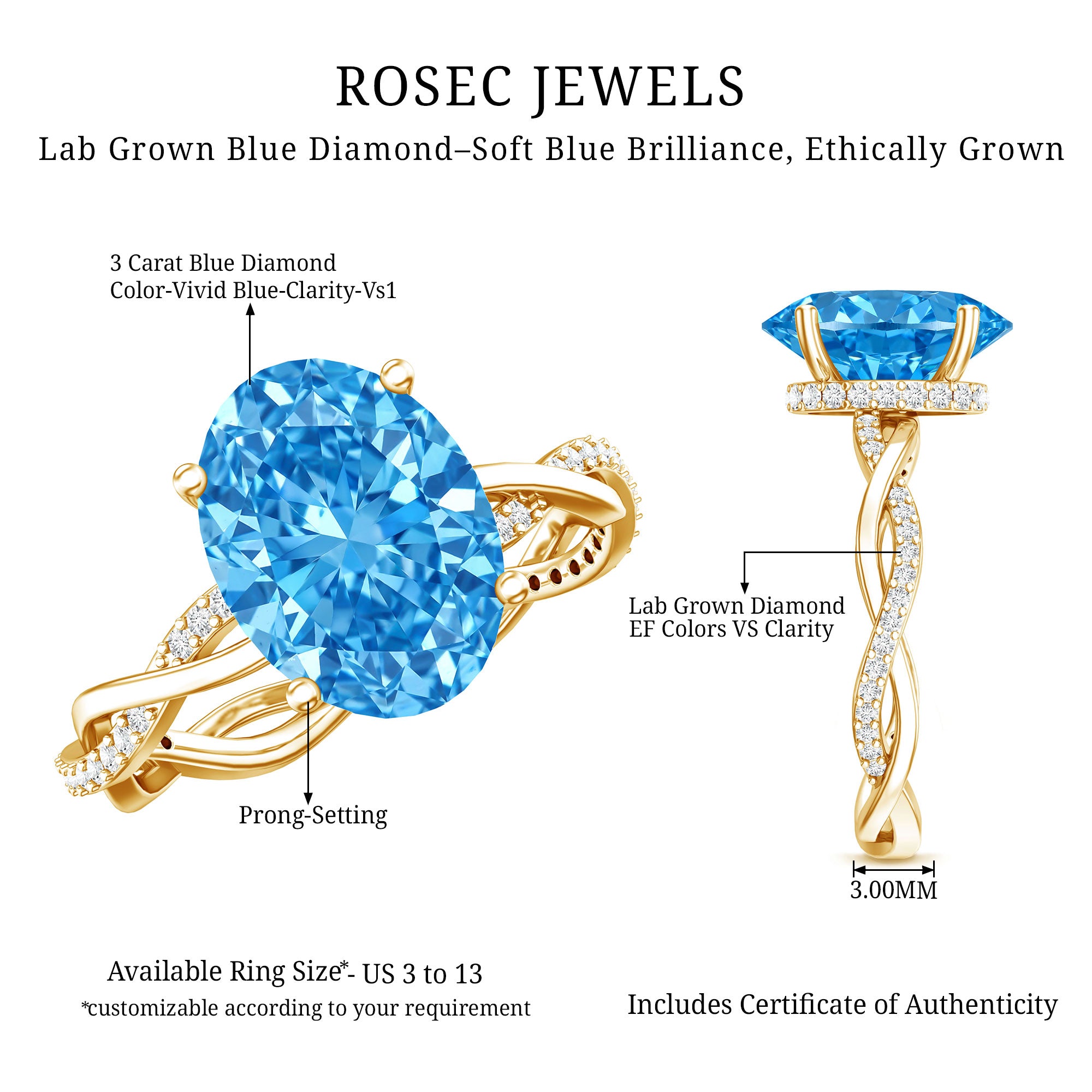 Rosec Jewels-IGI Certified 3 Carat Lab Blue Diamond Braided Engagement Ring with Hidden Halo