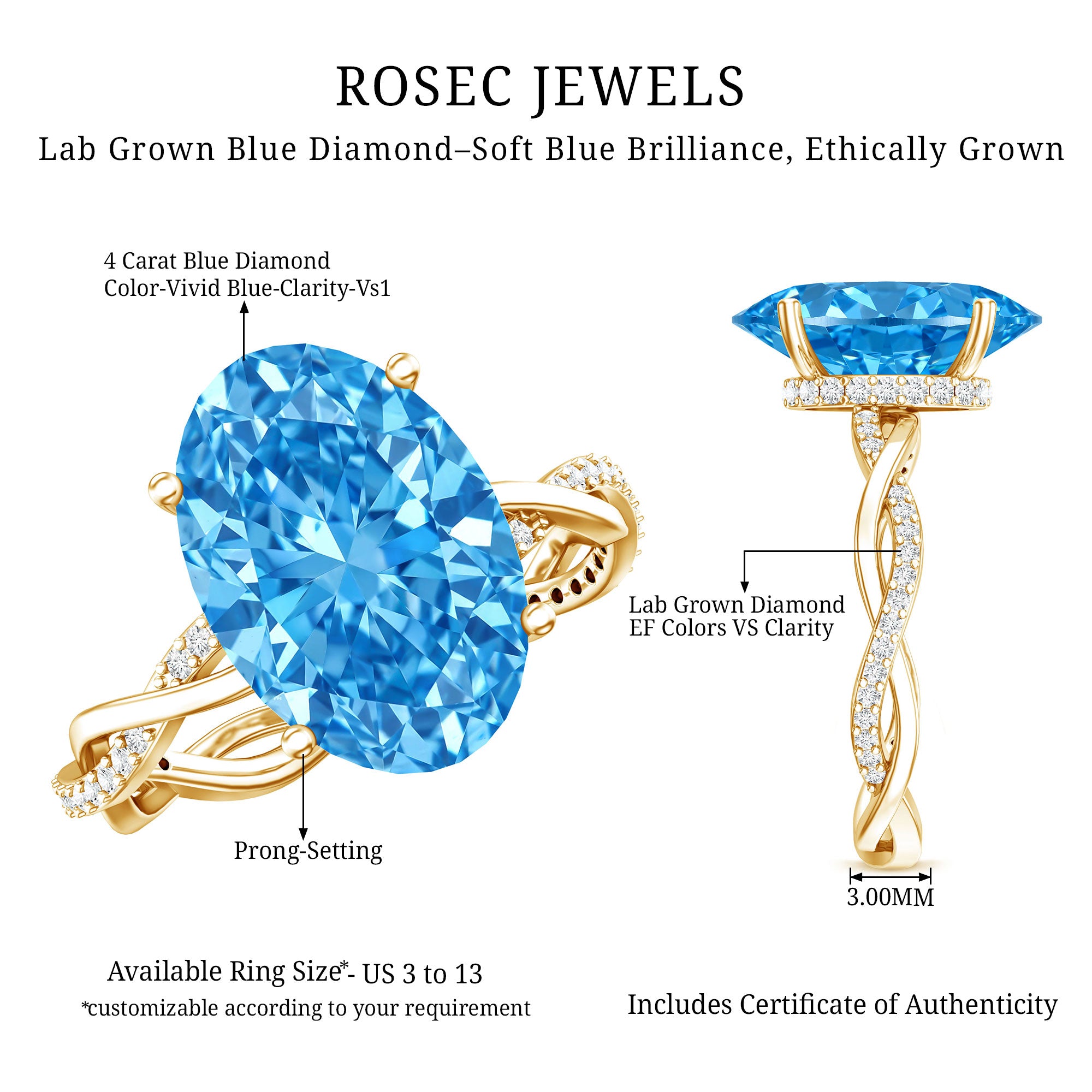 Rosec Jewels-IGI Certified 4 Carat Lab Grown Blue Diamond Oval Engagement Ring with Infinity Shank