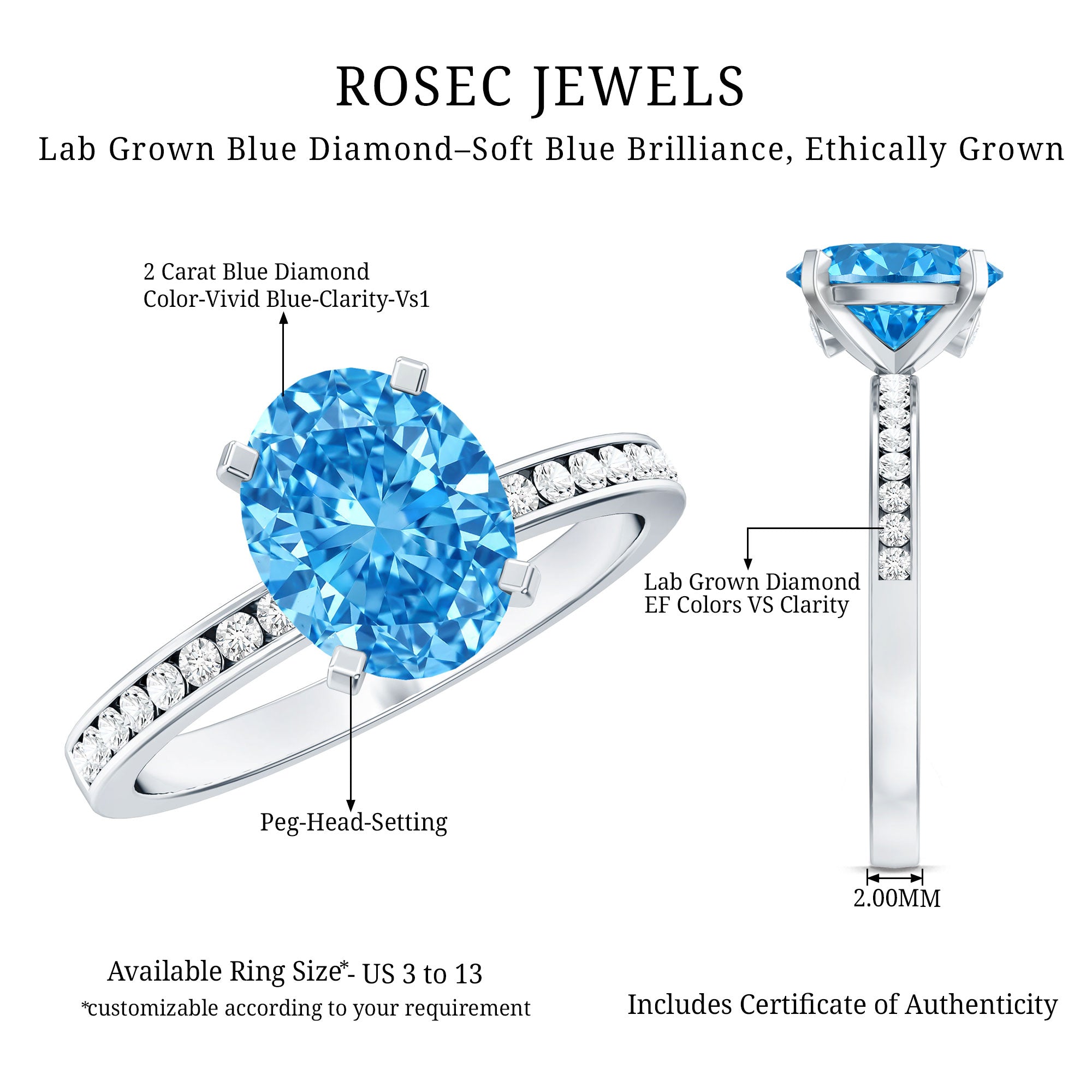 Rosec Jewels-Oval 2 Carat Lab Grown Blue Diamond Solitaire Engagement Ring with IGI Certificate