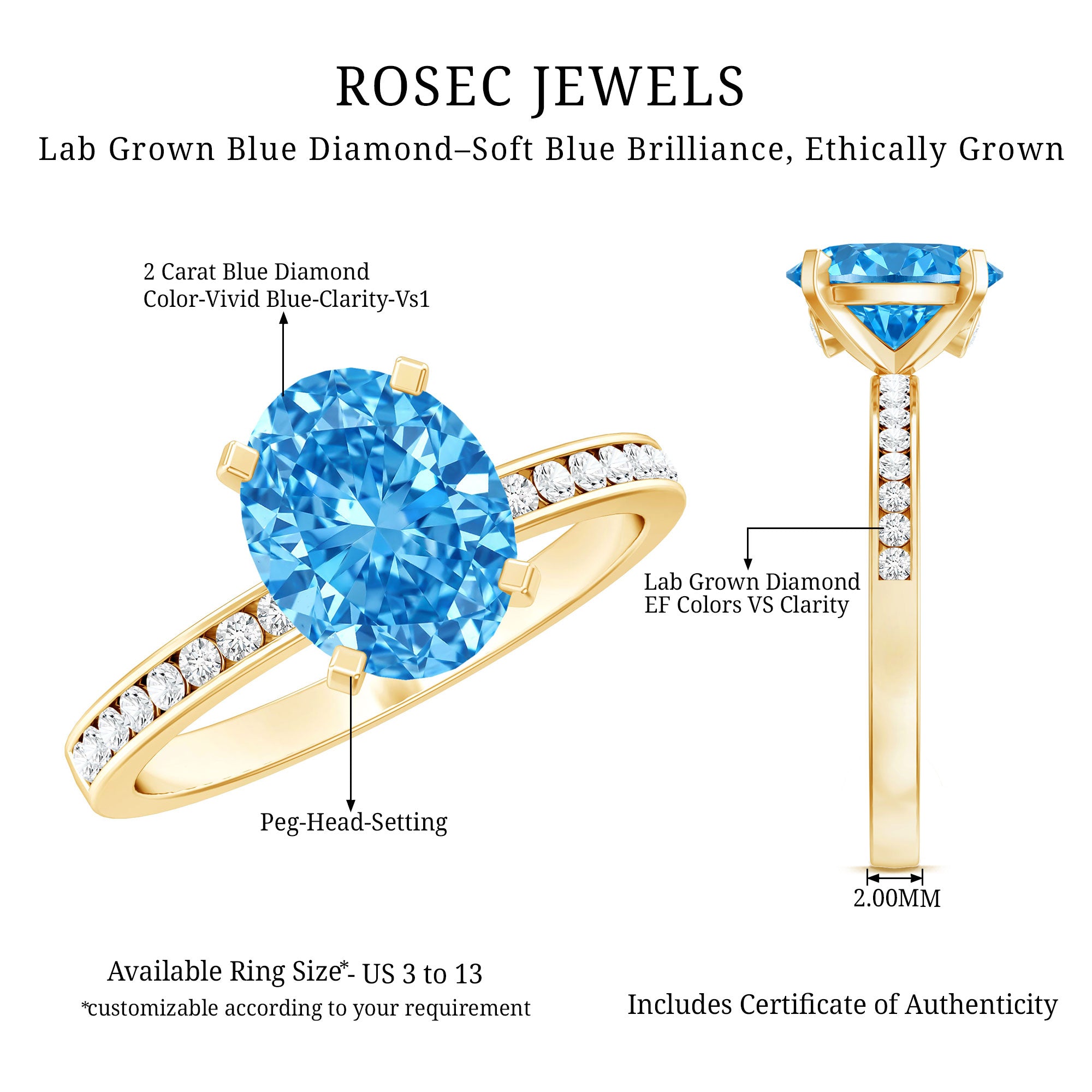 Rosec Jewels-Oval 2 Carat Lab Grown Blue Diamond Solitaire Engagement Ring with IGI Certificate