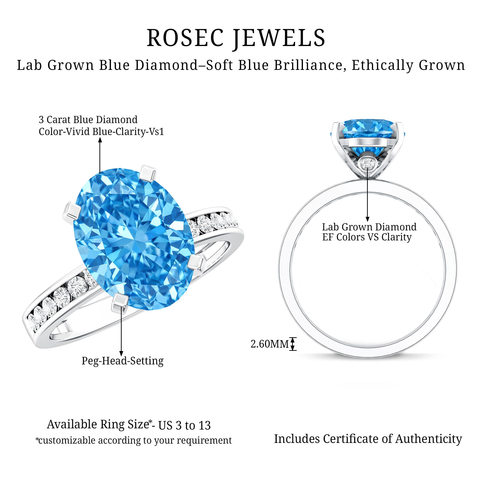 Rosec Jewels-Lab Grown 3 Carat Blue Diamond Oval Engagement Ring IGI Certified