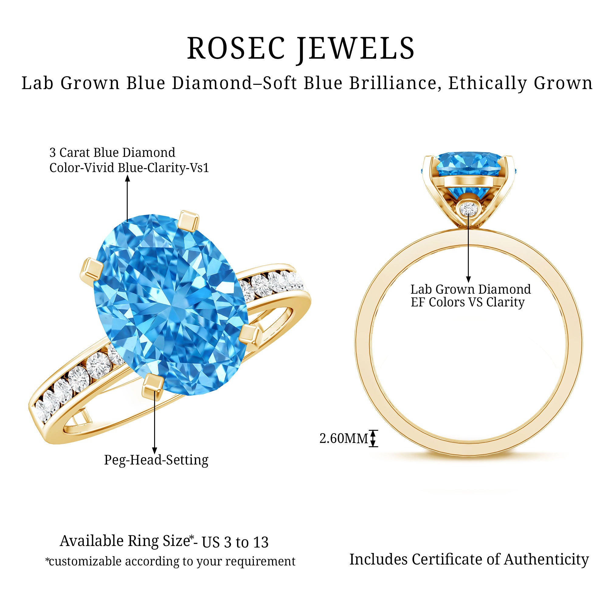 Rosec Jewels-Lab Grown 3 Carat Blue Diamond Oval Engagement Ring IGI Certified