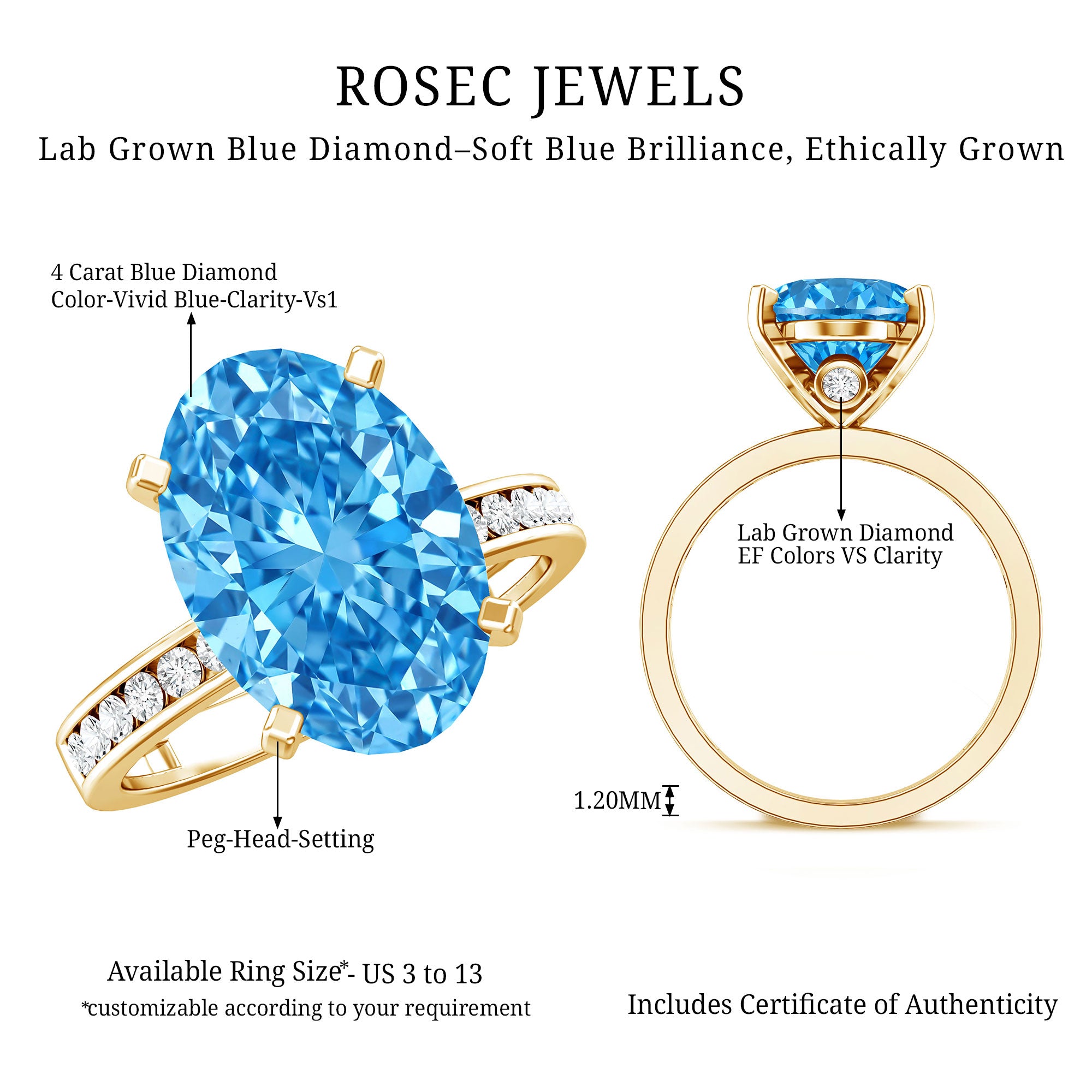 Rosec Jewels-4 Carat Oval Cut Lab Created Blue Diamond Large Engagement Ring IGI Certified