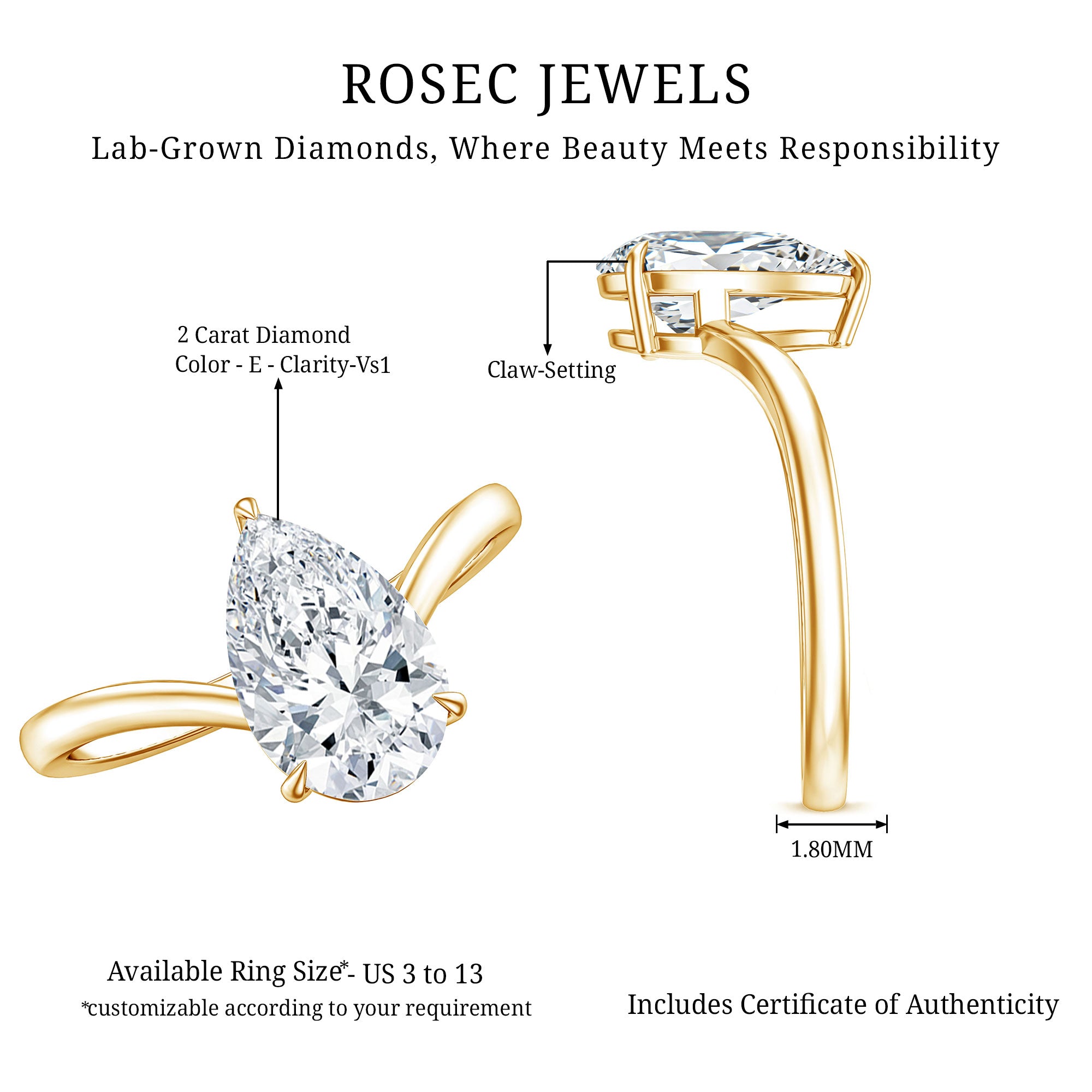 Rosec Jewels-IGI Certified 2 Carat Pear Shape Lab Grown Diamond Chevron Engagement Ring