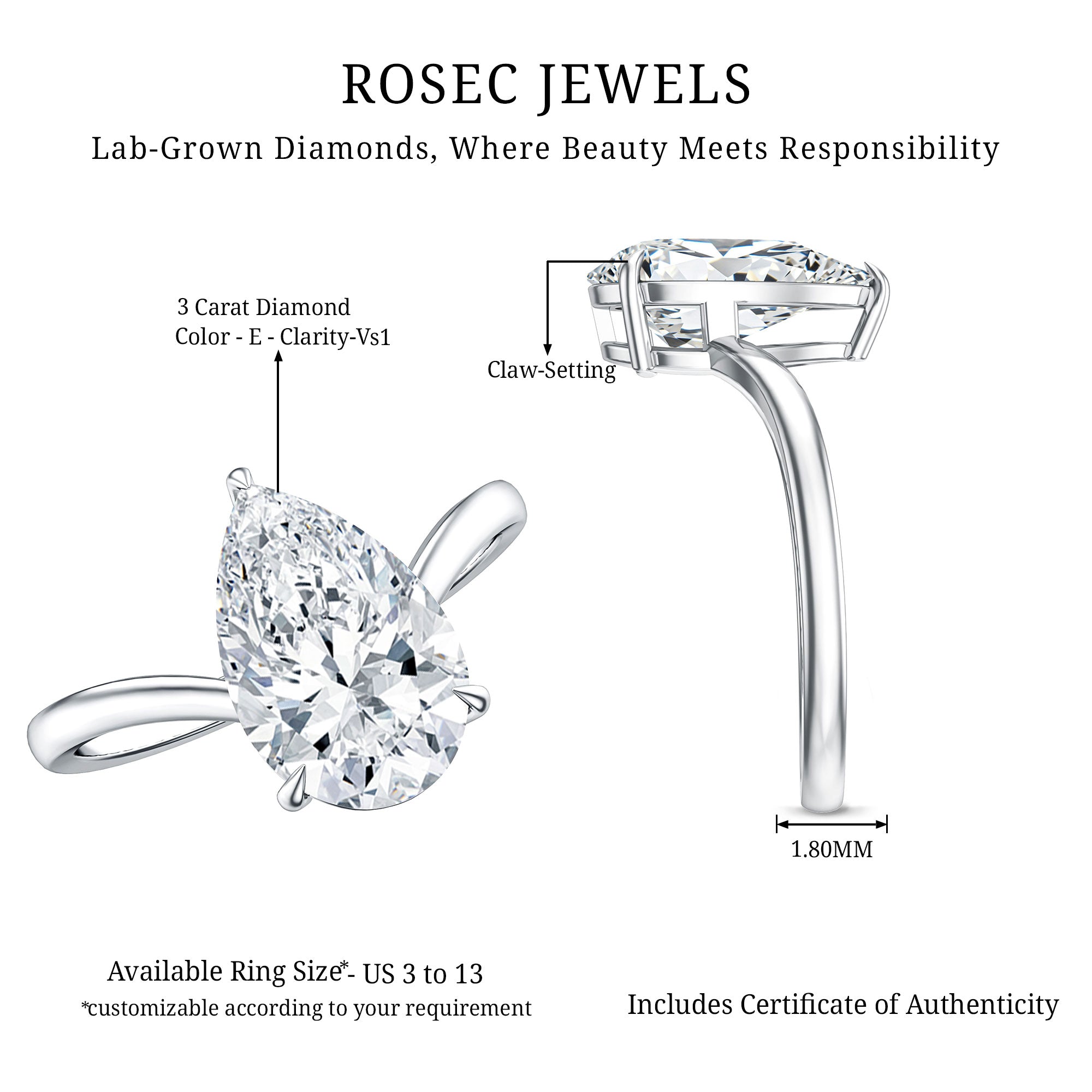 Rosec Jewels-IGI Certified V Shaped Lab Grown Diamond Pear Engagement Ring 3 Carat